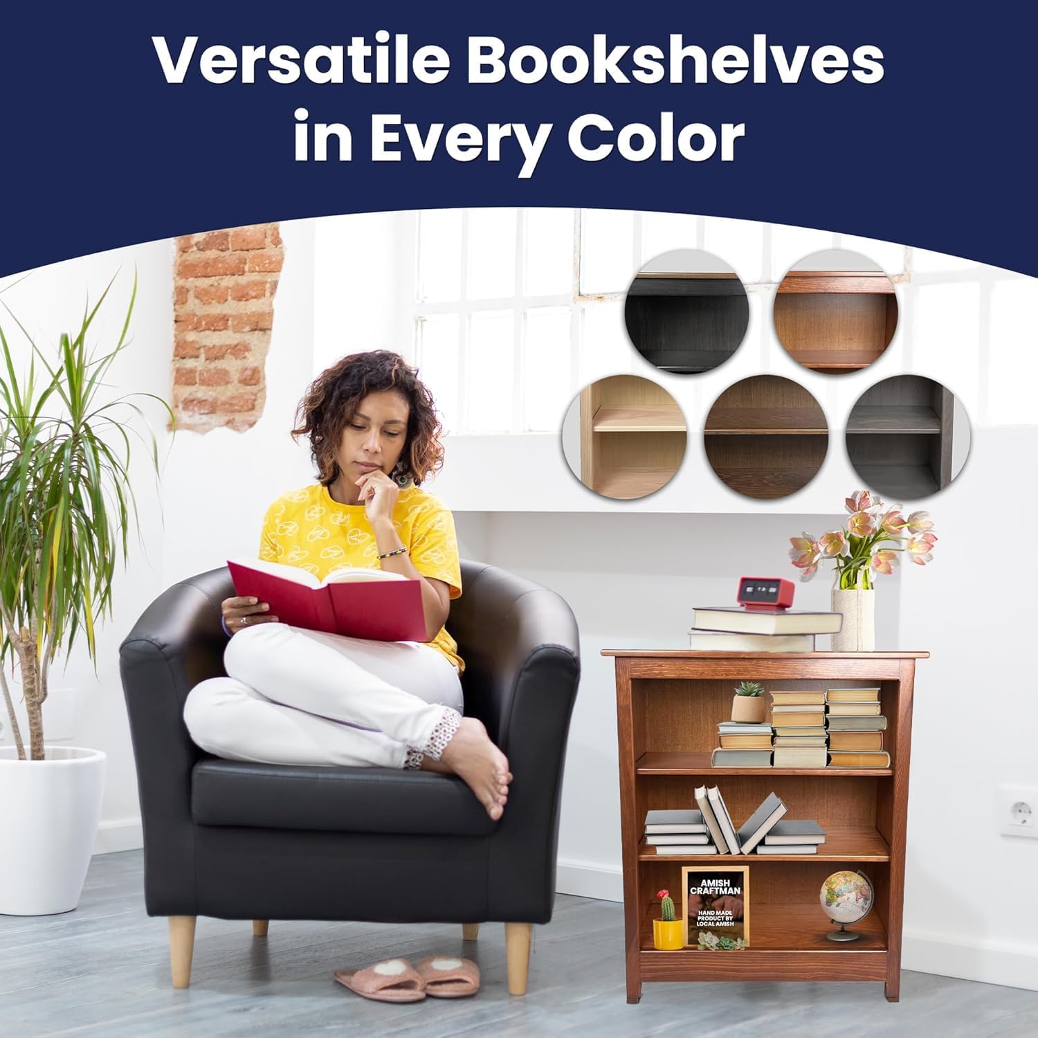 Peaceful Classics 3 Tier Bookcase, Adjustable Wooden Book Shelves for Small Spaces, Classroom, Bedroom, Office - Cherry