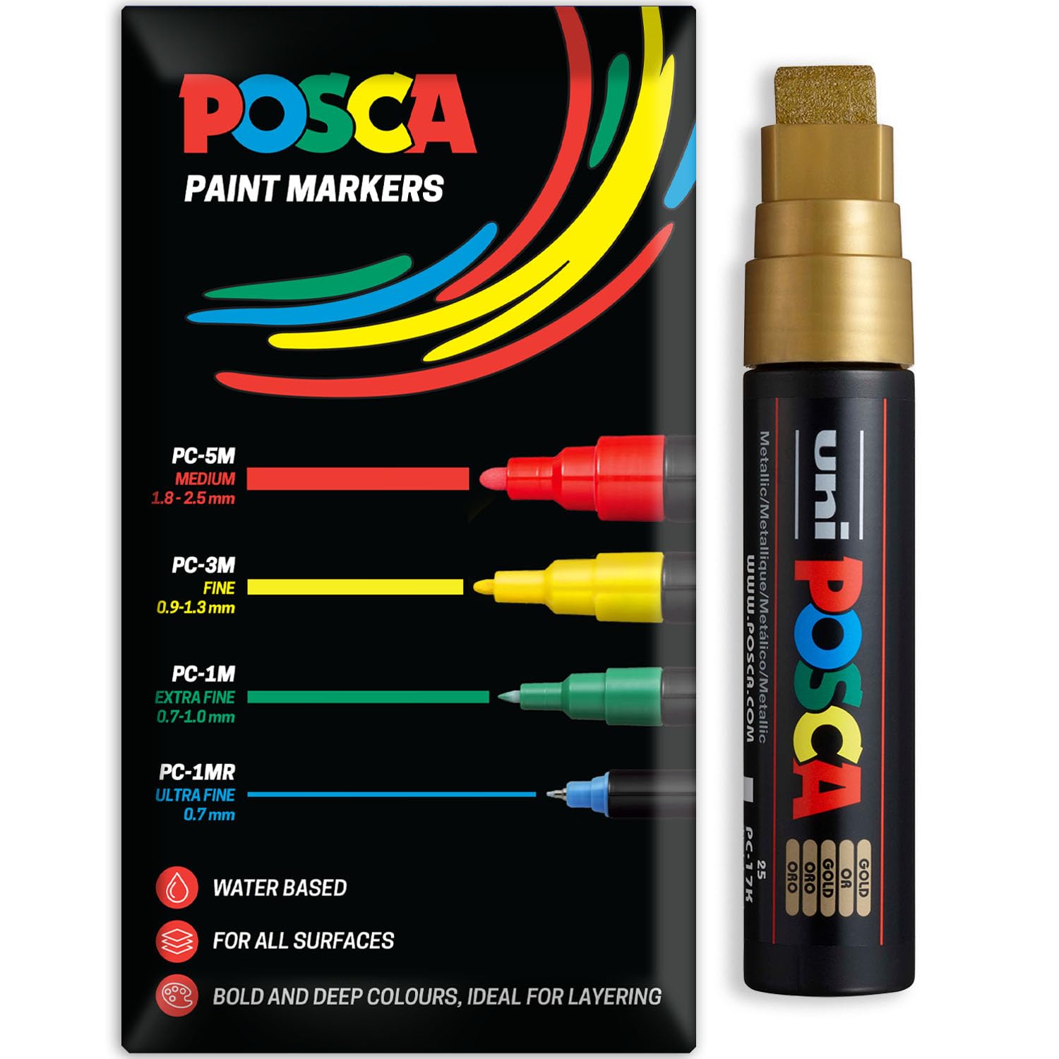 Posca Water Based Acrylic Paint Marker Pens | Multi Surface Use Permanent Paint Pen | Pack of 1 in Envelope Gift Packaging | Glass, Fabric, Wood etc | XXL Chisel Tip PC-17K, Gold