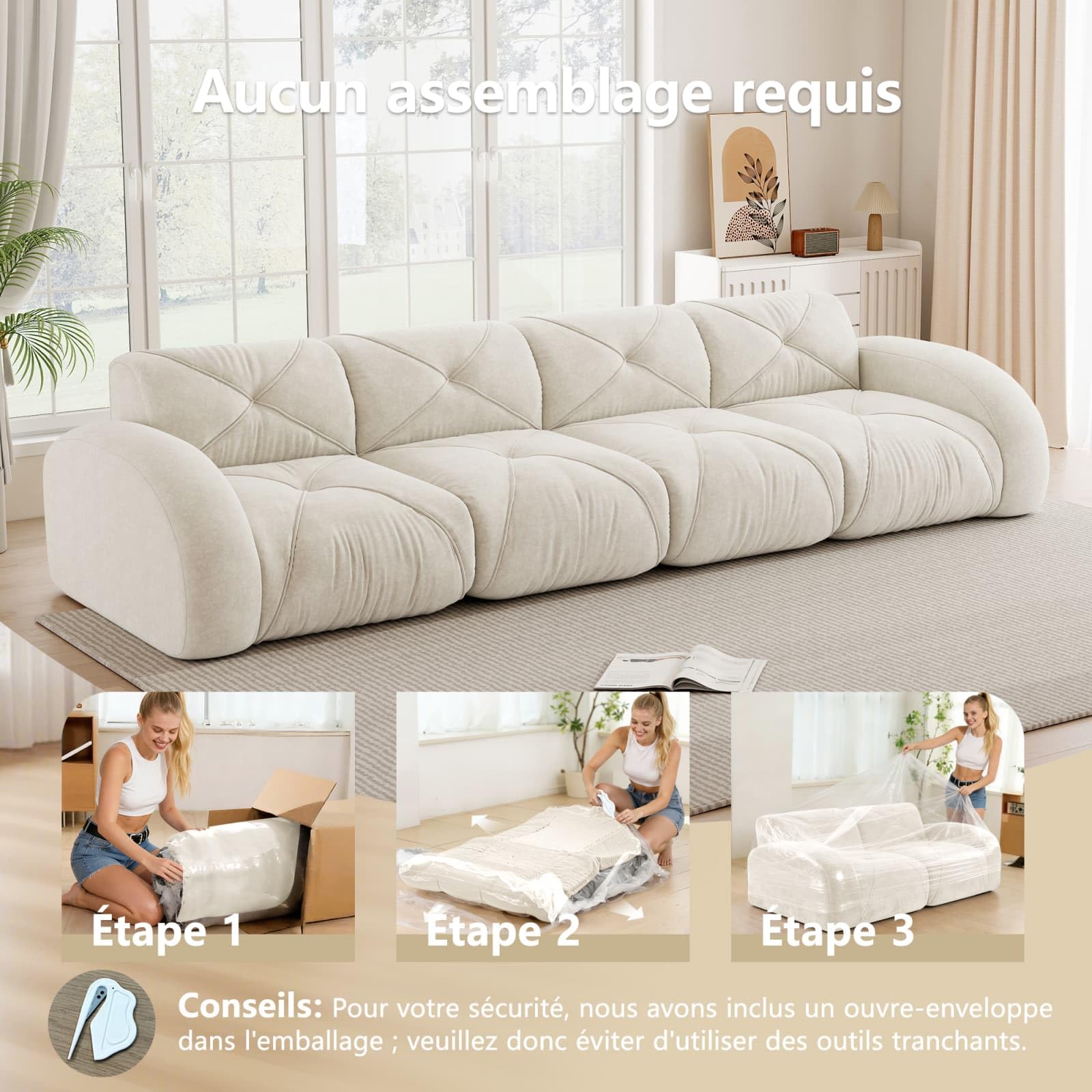 EURHCIO Canape 4 Places,Canapé Salon,Modulable et Convertible,Tissu Chenille,Aucun Montage Requis (Blanc, 4places)