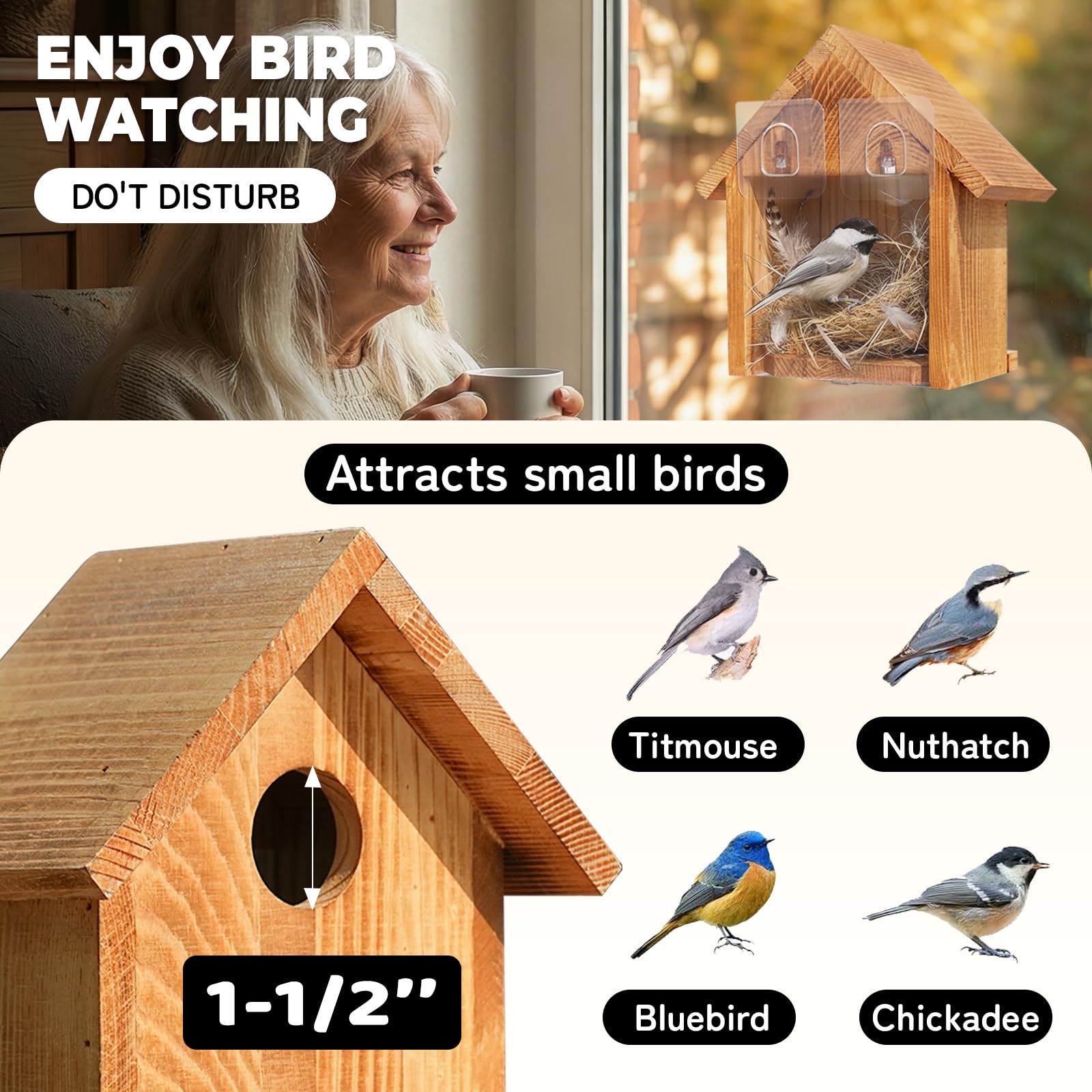 Casas para pájaros con Ventana para Exteriores con 2 Ganchos potentes, casa de pájaros Transparente para Ver el Interior, Casas de pájaros de Madera para Pintar al Aire Libre, Caja de anidación de