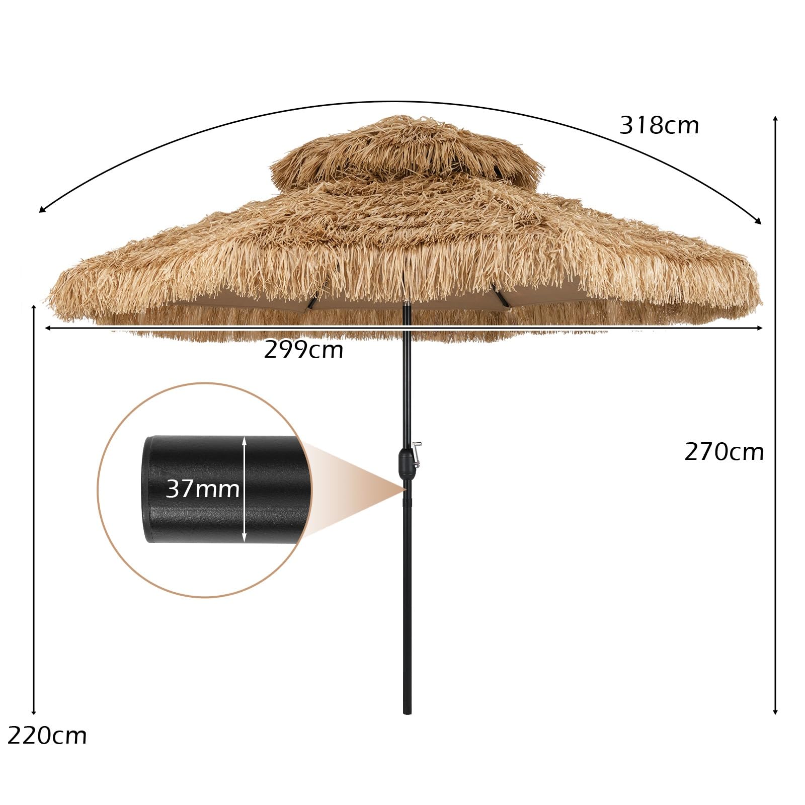 RELAX4LIFE Hawaii Sonnenschirm 300 cm, Reisstroh Strandschirm, Strohschirm mit Neigungsfunktion, Balkonschirm mit Doppeldach, Gartenschirm UV-beständig, Terrassenschirm für Garten & Strand