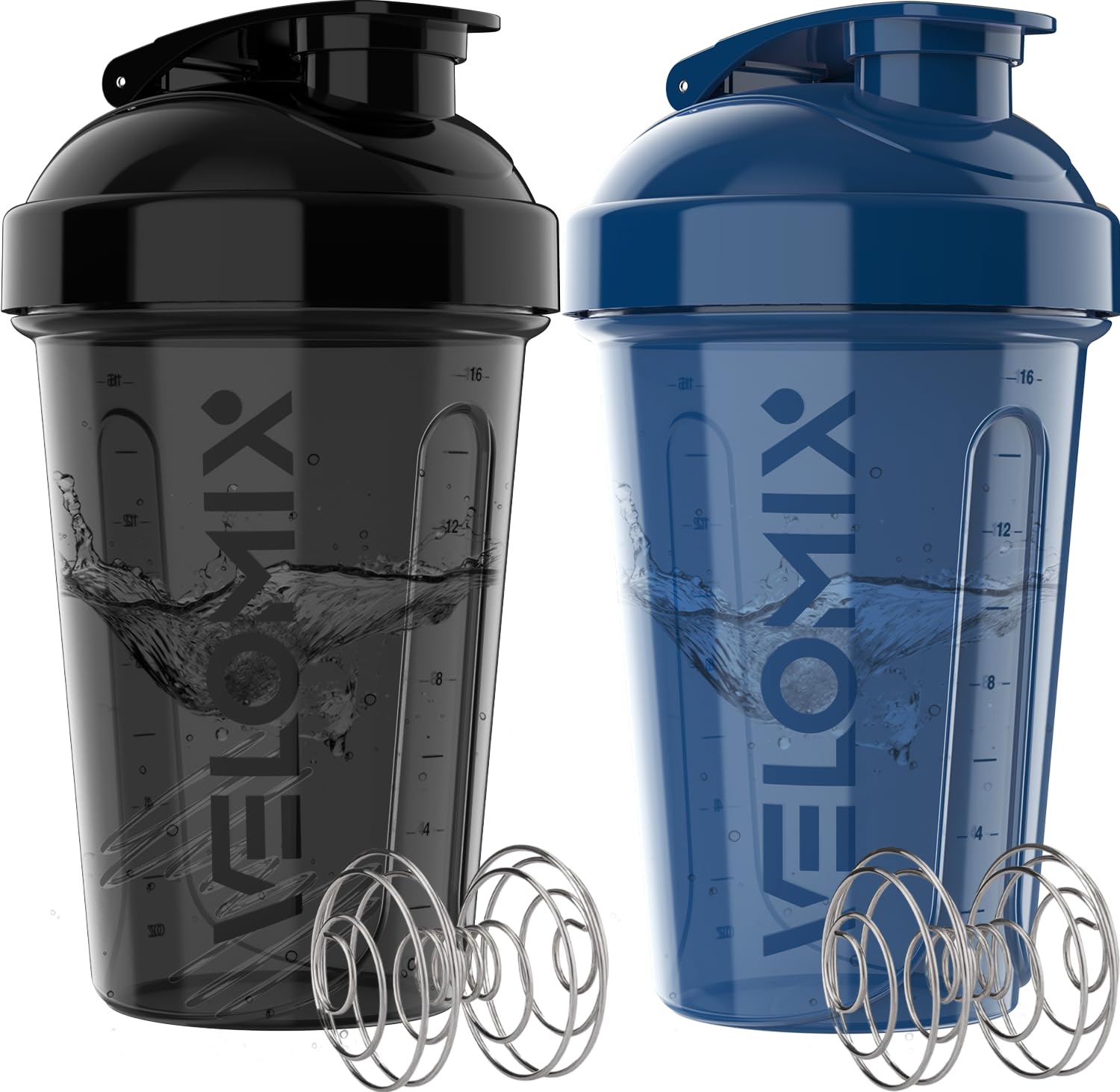 VELOMIX -2 Pack- 20 oz Protein Shaker Bottles for Protein Mixes - 2x Wire Whisk | Leak Proof Shaker Cups for Protein Shakes and Pre Workout | Protein