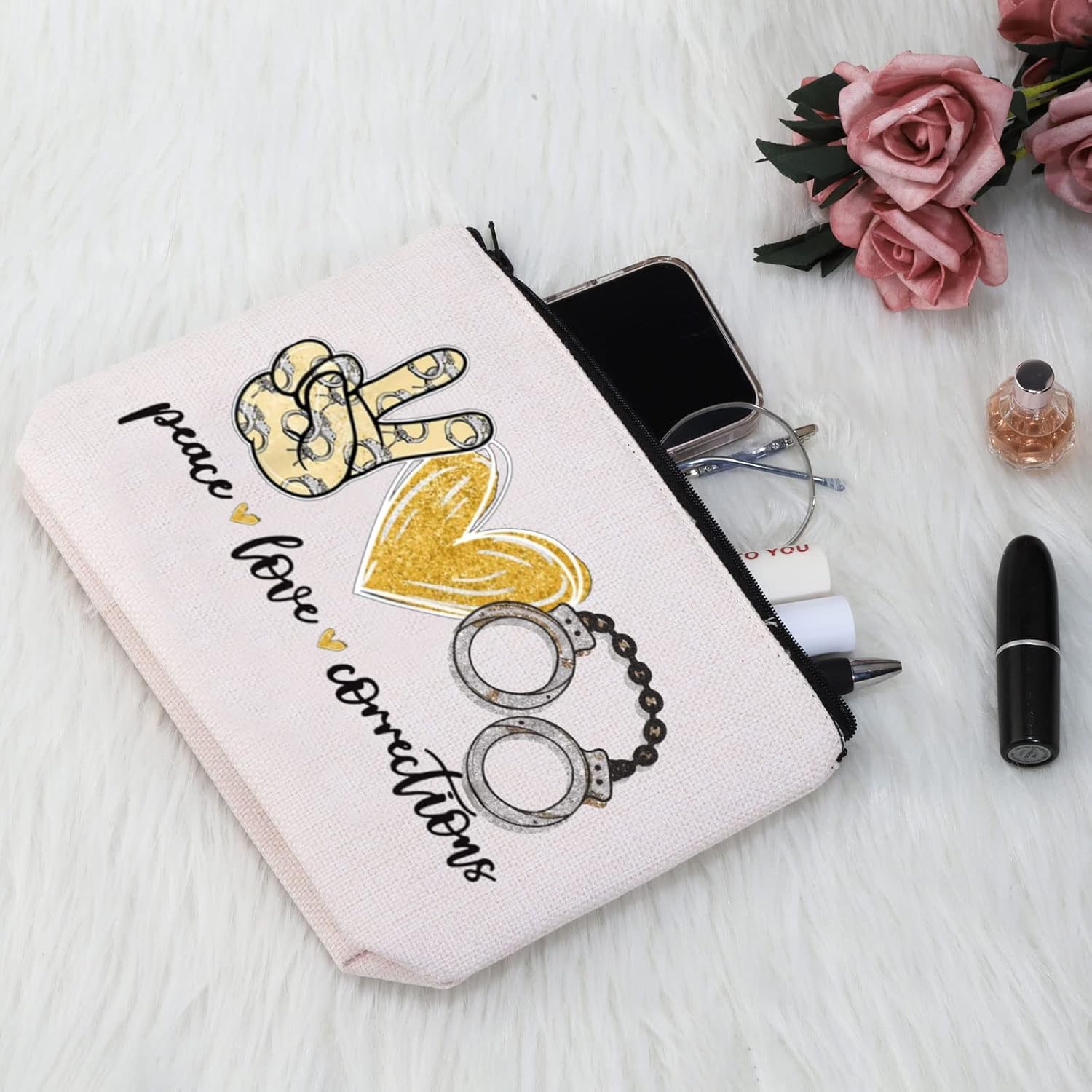 G2TUP Police Officer Gift Peace Love Corrections Makeup Bag Correctional Officer Cosmetic Bag New Police Officer Graduation Gift Zipper Travel Bag (Peace Love Corrections White Bag) - Image 4