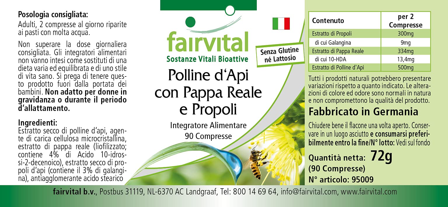 fairvital Pollen d'api con pappa reale e propoli, 90 compresse, ALTO DOSAGGIO