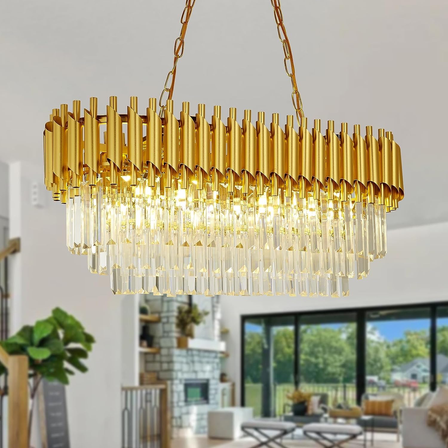 Modern K9 Crystal Chandeliers Gold 3-Tier Round Crystal Chandelier for Living Room Colors.Warm White, Moon Light,Golden,Led Plate Included.(Full Gold, 800X300MM)
