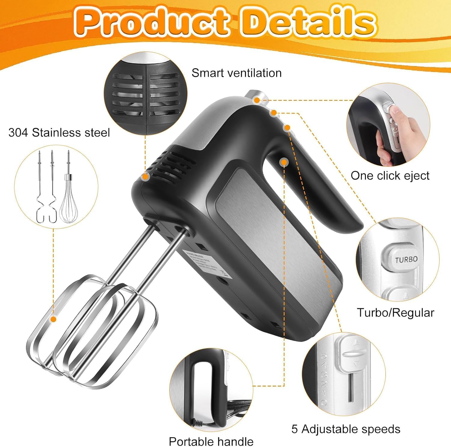 400W Electric Hand Mixer, 5-Speed with Turbo, 5 Stainless Steel Attachments
