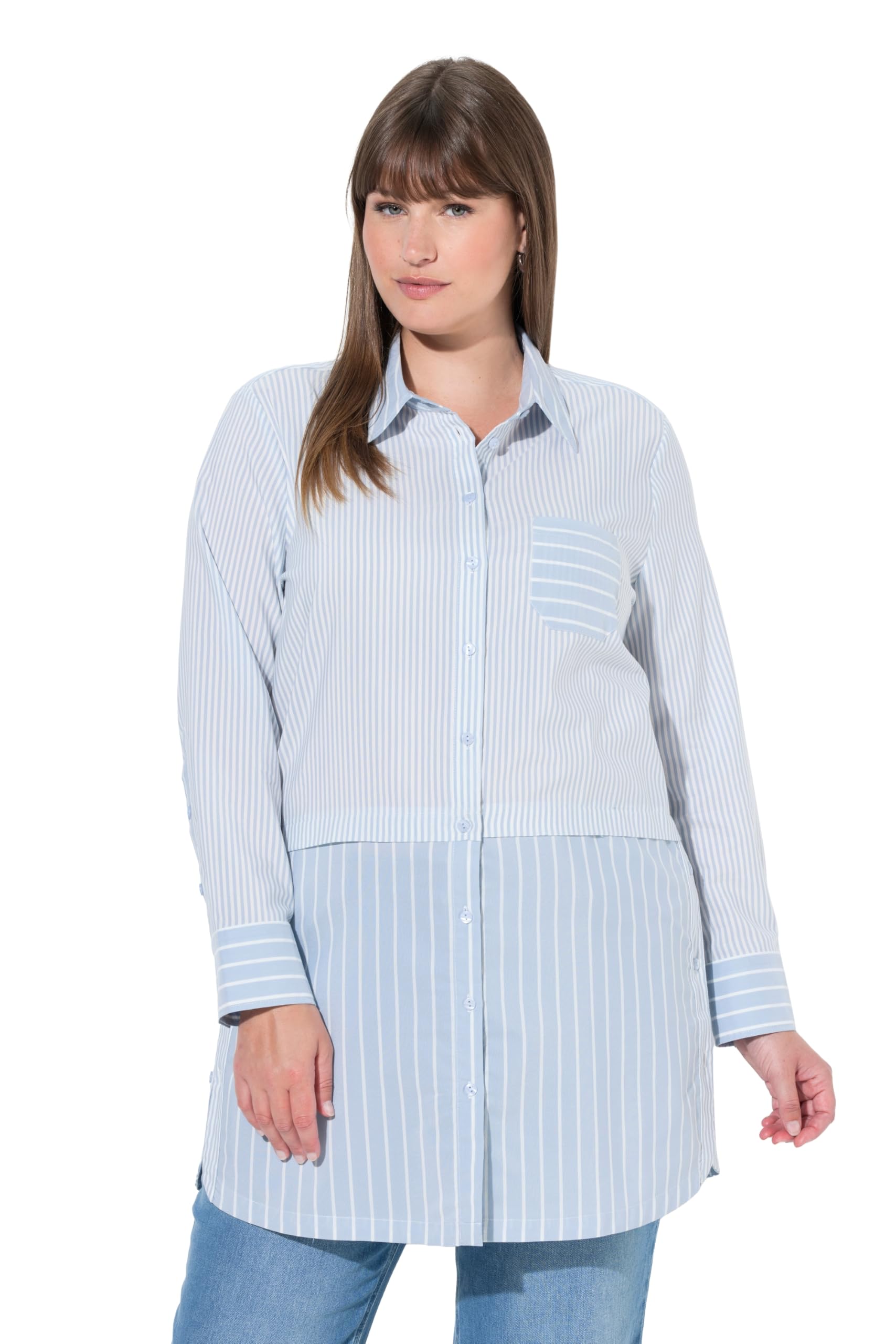 Ulla Popken Damen große Größen Übergrößen Plus Size Longbluse, Streifen, Hemdkragen, Langarm, Biobaumwolle 845623