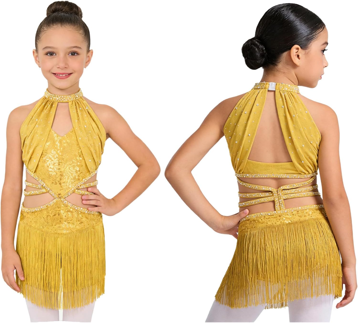Oyolan Kids Girls Sequin Tassel Latin Dance Dress Halter Fringe Skirted Bodysuit Jazz Cha Cha Rumba Ballroom Dancewear