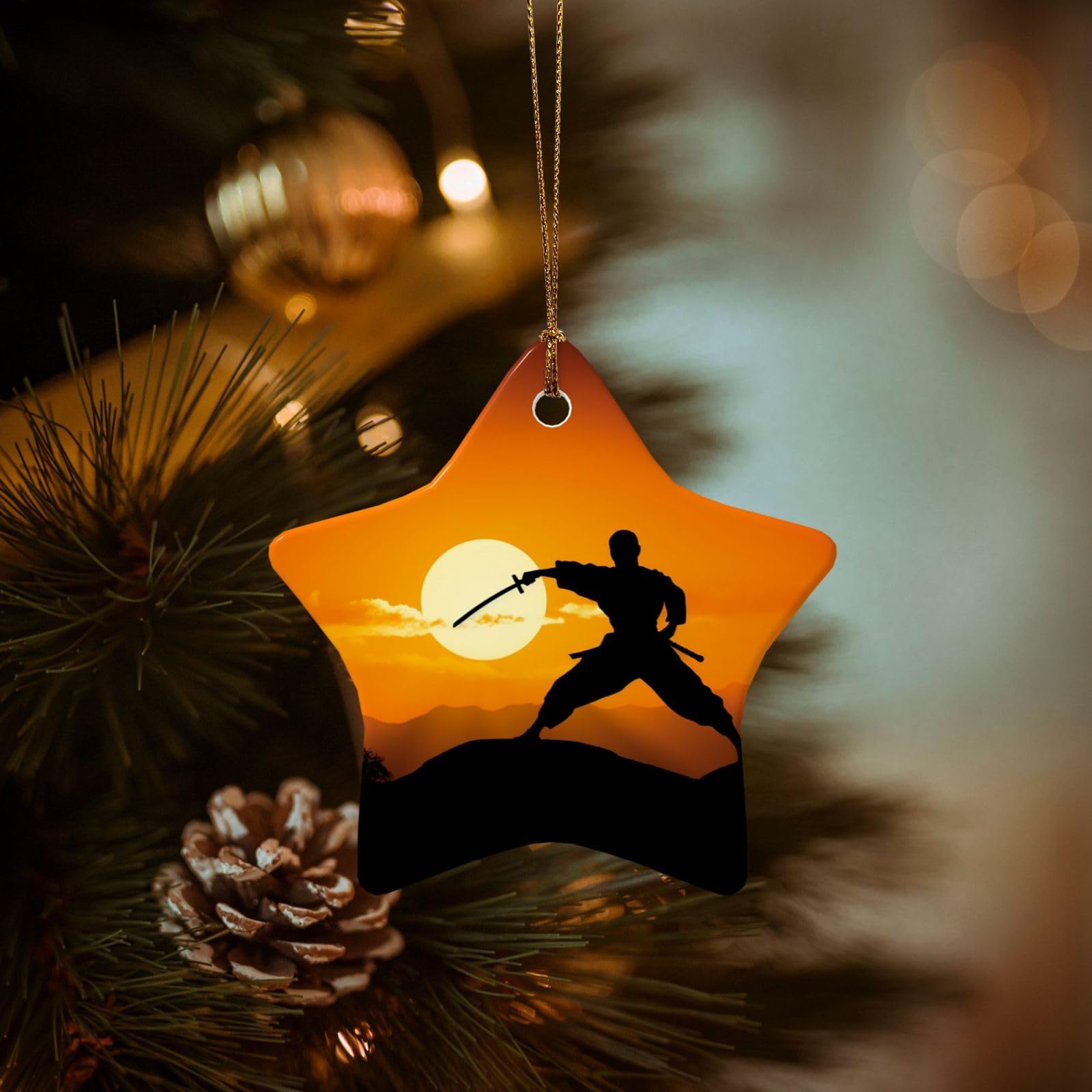 Christmas Ornaments for Christmas Tree Decoration Hanging Sun Karate Silhouette Ornament with Gold Ribbon Crafts Star Shape Ceramic Pendant for Keepsake Gifts Xmas Decor Party Supplies
