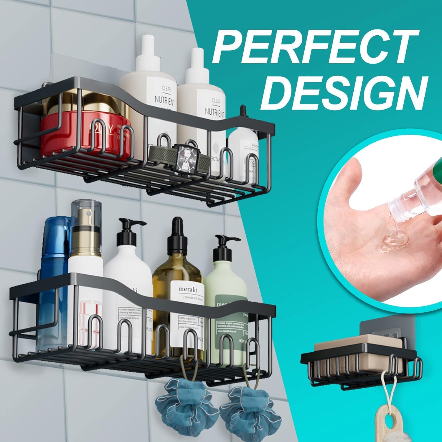 Snazzy Shower Caddy 5 Pack,Adhesive Shower Organizer for Bathroom Storage&Home Decor&Kitchen,No Drilling,Large Capacity,Rustproof Stainless Steel Bathroom Organizer,Shower Shelves for Inside Shower 4