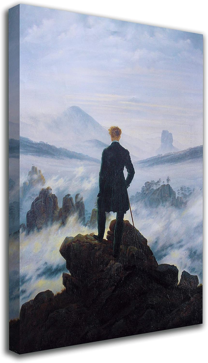 Grafic Quadro Viandante sul mare di nebbia Caspar David Friedrich - Wanderer on the sea of ​​fog - stampa su tela canvas con o senza telaio (QUADRO CON TELAIO IN LEGNO, CM 118X150)