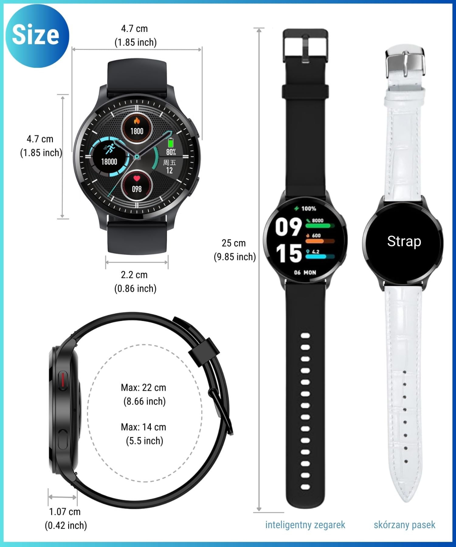 Smartwatch damski z funkcją telefonu, 1,5" zegarek fitness na rękę, zegarek sportowy z pulsometrem, sterowanie muzyką, krokomierzem, kalorii, wodoszczelny tracker fitness (Z-biały/skóra, 1.5")