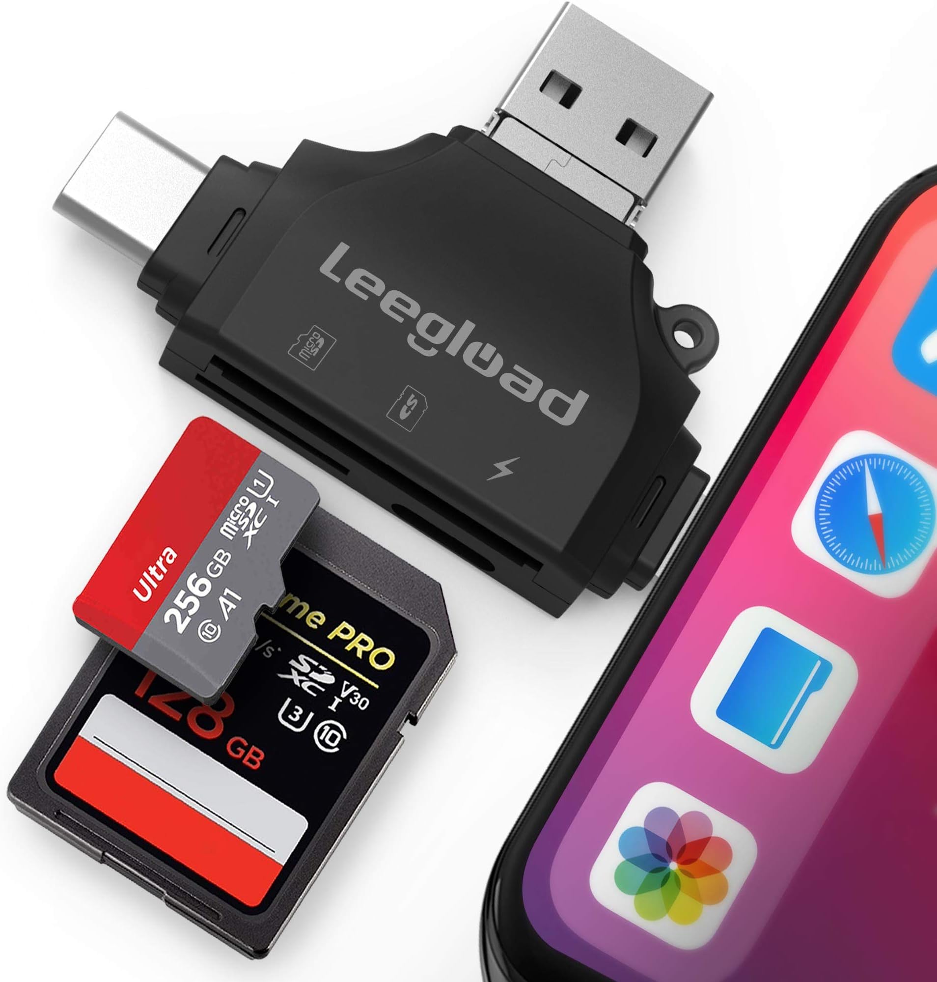 SD Card Reader for iPhone/iPad/Android/Computer,Digital Camera 4 in 1 SD Reader Adapter,Memory Card Adapter with USB C/USB A/Micro USB,Trail cam Card Viewer by LEEGLOAD(Black)