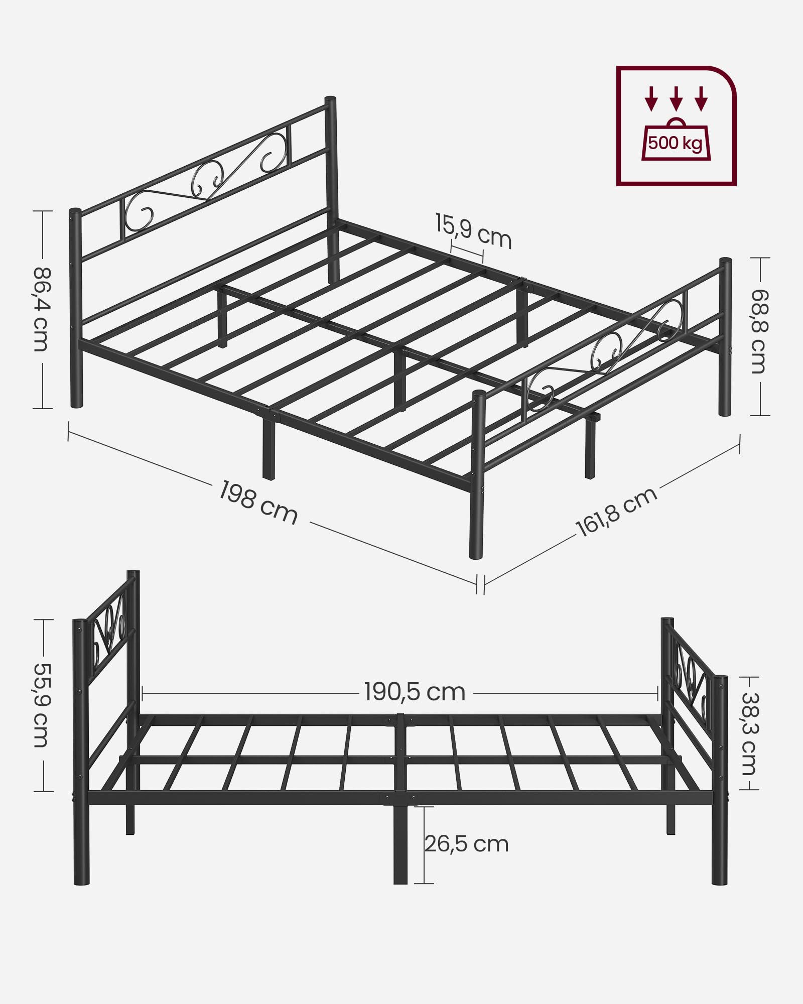 VASAGLE Struttura Letto Matrimoniale, Letto a Doghe in Metallo per Materassi di 160 x 190 cm, per Stanza di Ospiti, Montaggio Facile, per Spazi Piccoli, Nero Inchiostro RMB069B01