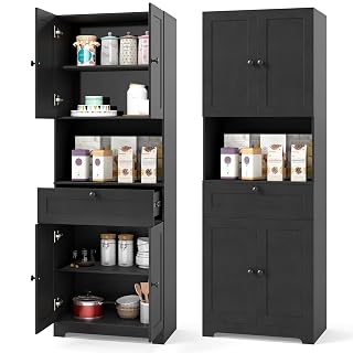 GIANTEX Kitchen Pantry Cabinet, 67.5" Tall Floor Storage Cabinet w/4 Doors & 1 Drawer, Modern Freestanding Bathroom Organizer w/Open Countertop & Adjustable Shelf for Dining Room, Living Room (Black) - Amazon product rated Grade A