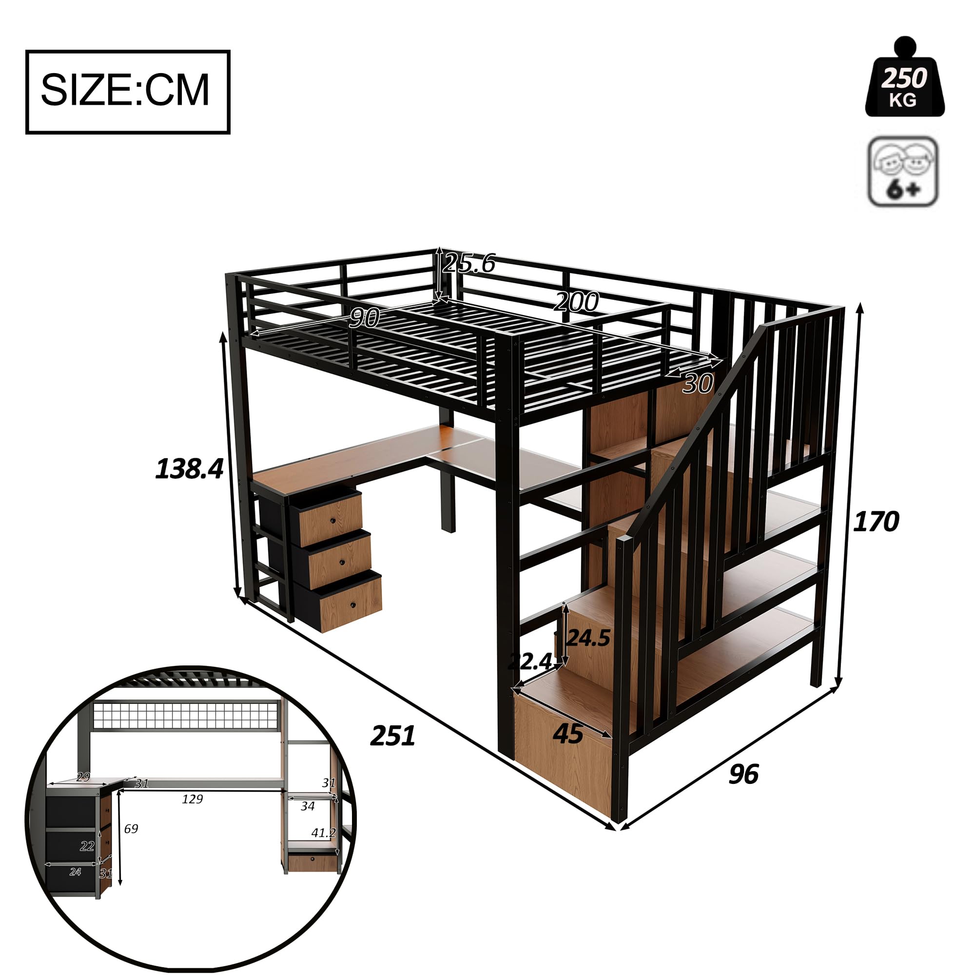 Łóżko piętrowe 90 x 200 cm bez materaca, łóżko dziecięce z półką, metalowe łóżko z 4 szufladami i biurkiem, rama łóżka młodzieżowego z listwą świetlną LED, kolor czarny