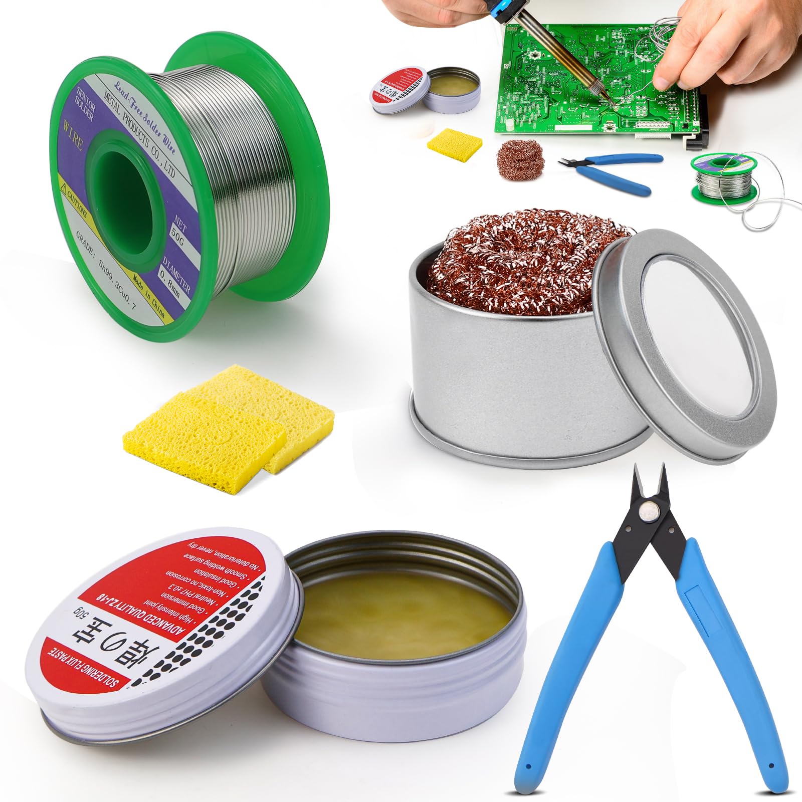 Lötzinn mit Flussmittel Löten Bleifreier Lötdraht, Lötspitzenreiniger Löt Zubehör lötzinn Set, Lötflussmittel Soldering Wire, Lötkolben Zubehör für Reparatur Elektrolöten Heimwerken