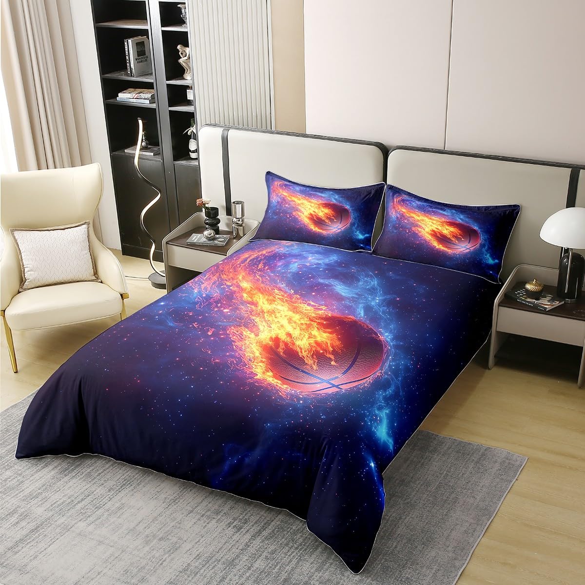 Cotton 3D Basketball Duvet Cover Queen for Kids Boys Teens,Universe Flame Sport Ball 3 Pieces Duvet Cover,Glitter Galaxy Sky Comforter Cover (Not Comforter),Kids Kids Basketball Sky Quilt Cover