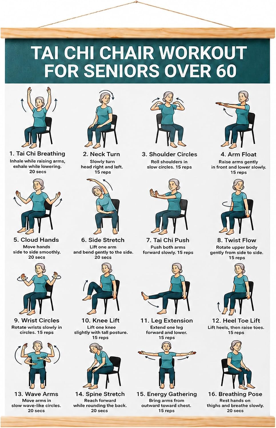 DeepWhale Chair Tai Chi Workout Chart for Seniors Poster, Chair Tai Chi Exercise Chart for Beginners, Seated Tai Chi Wall Chart Guide for Balance, Flexibility & Relaxation, 16 x 24 Inch