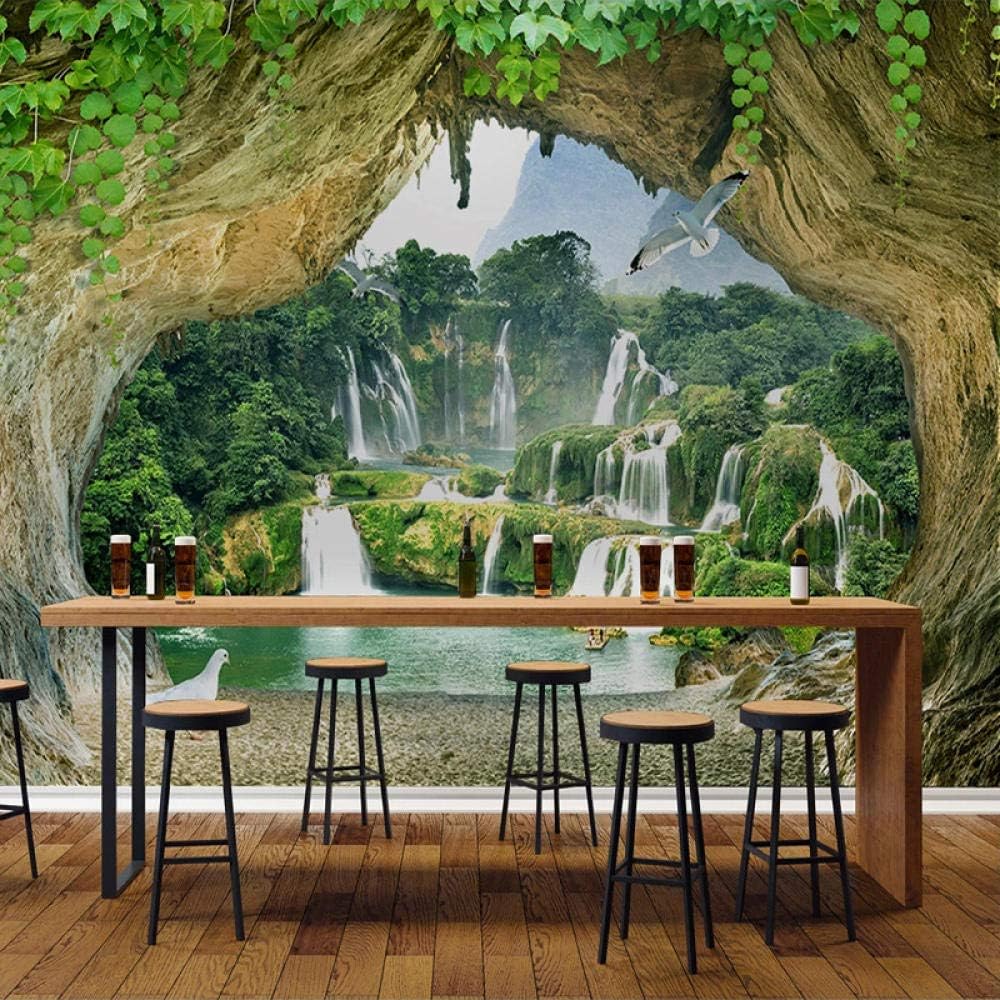 Custom Cave Waterfall 3D Stereoscopic Scenery Photo Wall Paper For Living Room Kitchen Restaurant Bar Wall Decor Mural Wallpaper,300 * 210Cm