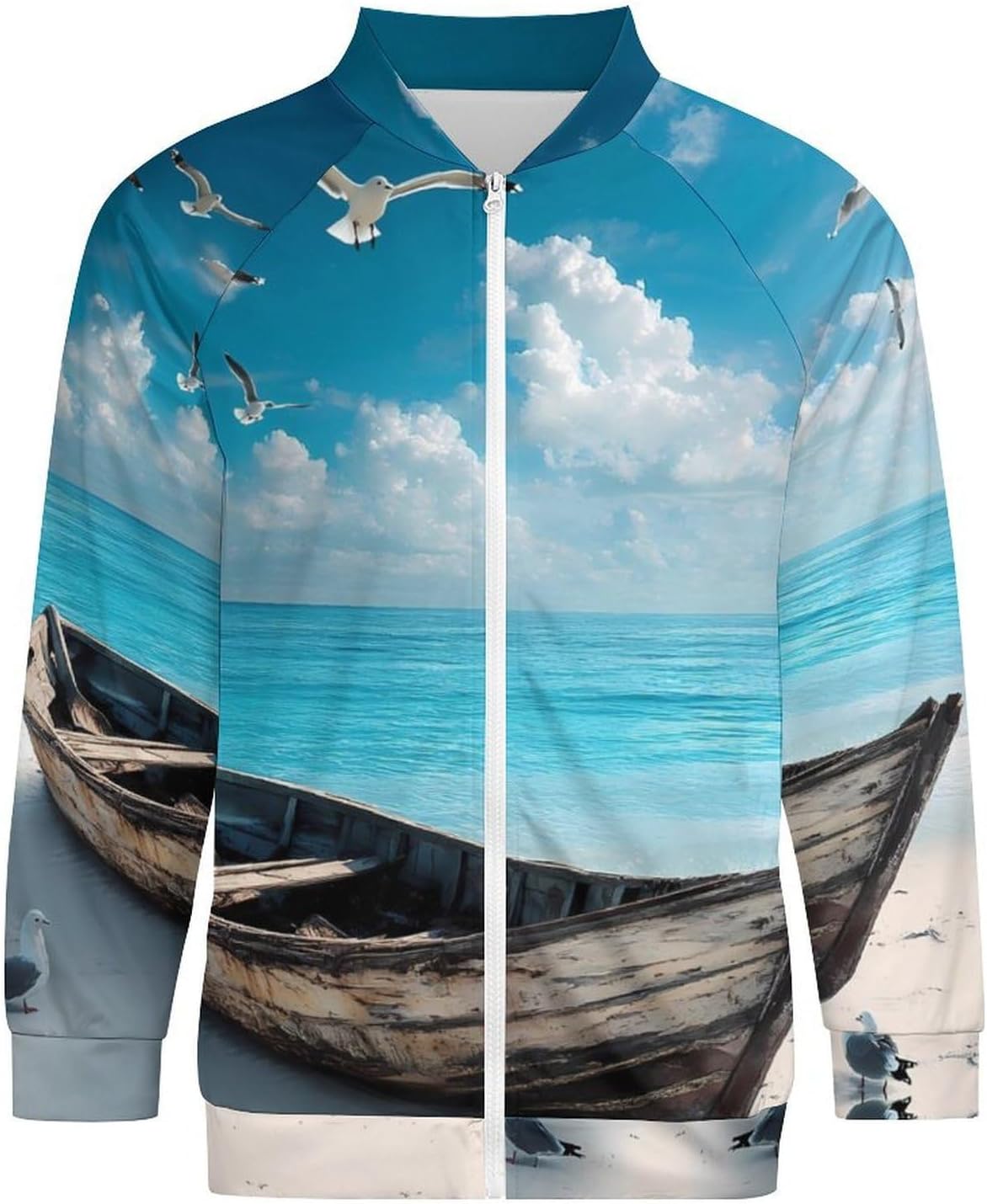 Boat on Beach Seagulls Men's Zip Up Sweatshirt Casual Sweater Jackets Long Sleeve Tops Lightweight Coat