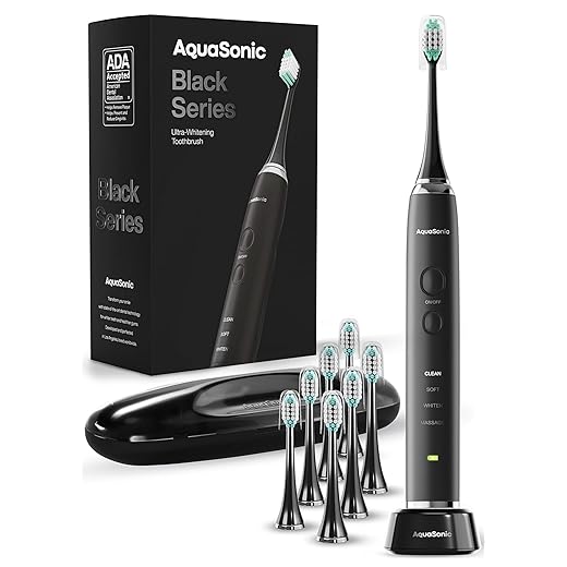 Aquasonic Black Series Ultra Whitening Toothbrush – ADA Accepted Electric Toothbrush- 8 Brush Heads & Travel Case – 40,000 VPM Electric Motor & Wireless Charging - 4 Modes w Smart Timer
