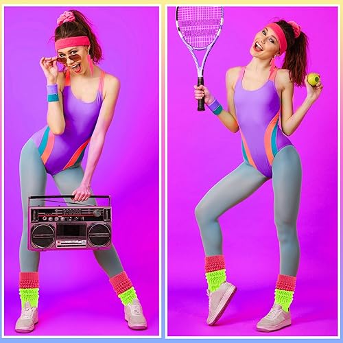 Miniatura 4 de Calcetines holgados de neón para mujer, calcetines altos hasta la rodilla de los años 80 y 90 con aretes de neón y coleteros para fiesta de los años