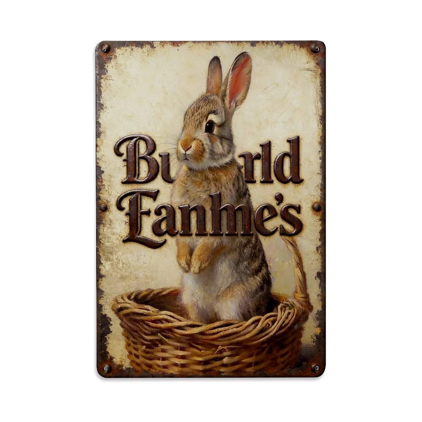 Jdfenggu Vintage Rabbit In Woven Basket Design Retro Metal Tin Sign, Metal Poster For Bar, Home, Man Cave, Kitchen, Laundry Room Art Decor 8X12 Inch