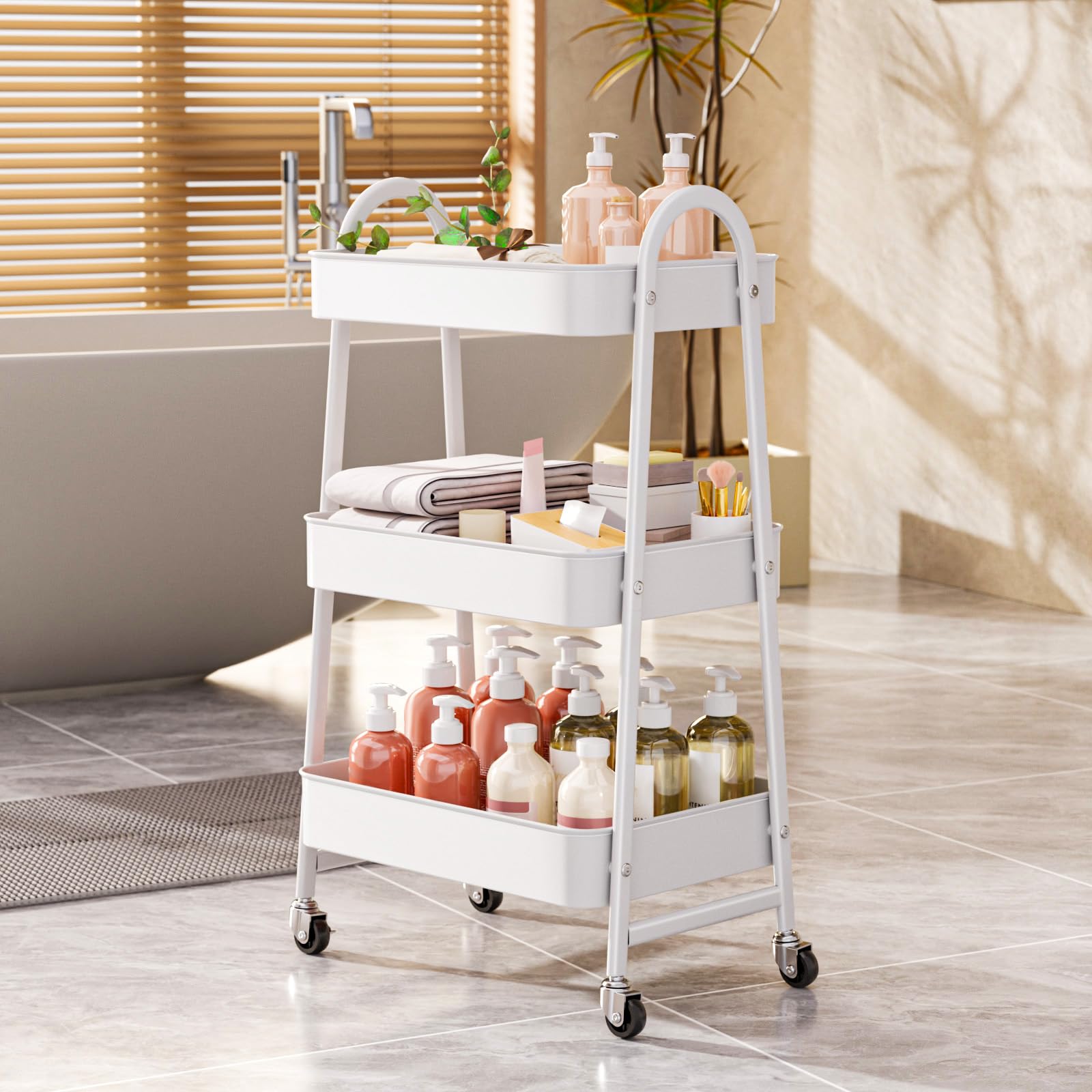 Chariot Mobile à 3 Niveaux, Desserte sur roulettes, Étagère de Rangement en métal pour Cuisine, Salle de Bain, Buanderie 2 Freins, Blanc