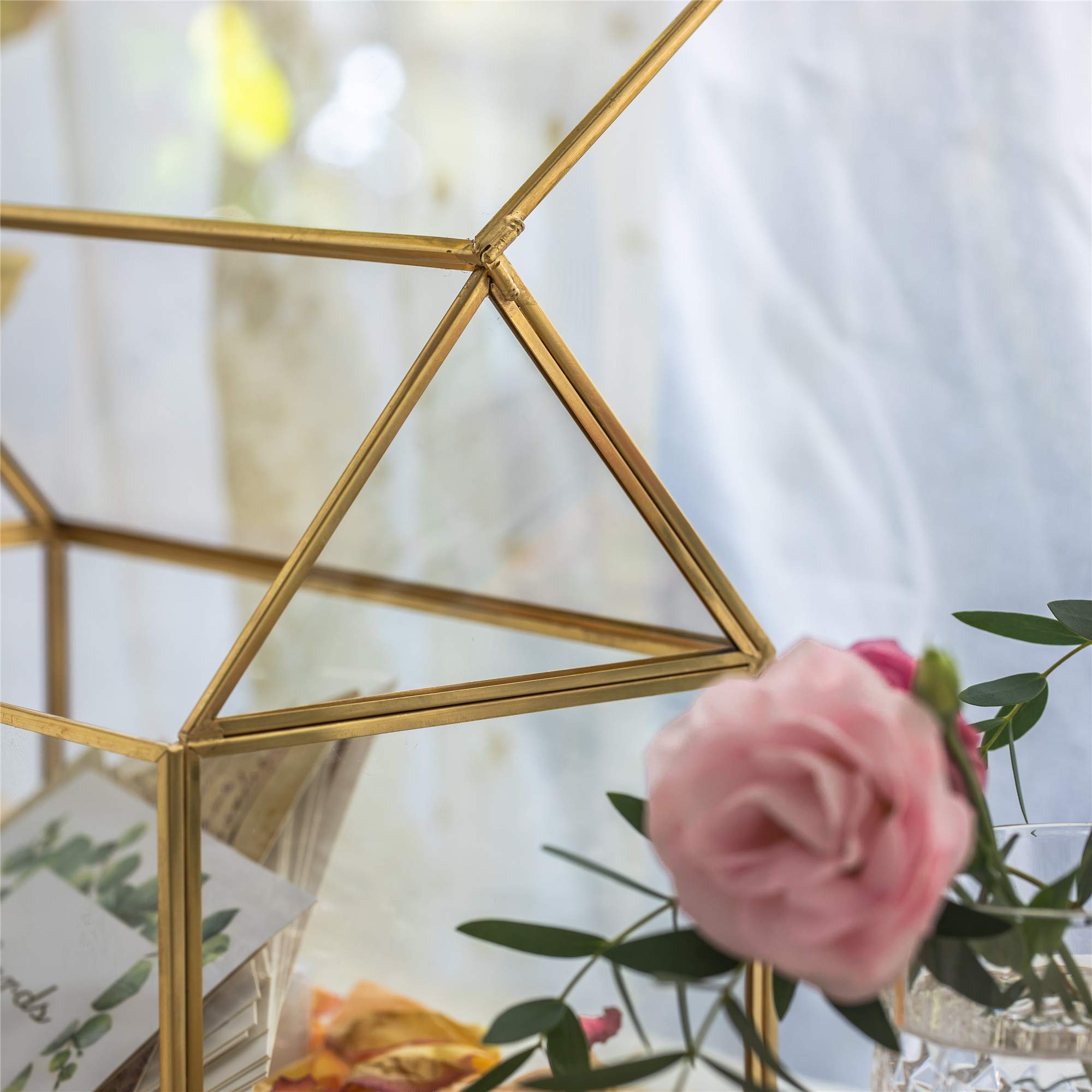 NCYP Gouden glazen kaartenbox voor bruiloft, verjaardag, babyshower, 26 x 15 x 21 cm, doorzichtige kaartendoos met deksel, huisvorm, terrarium, middenstuk, decoratie (alleen glazen doos