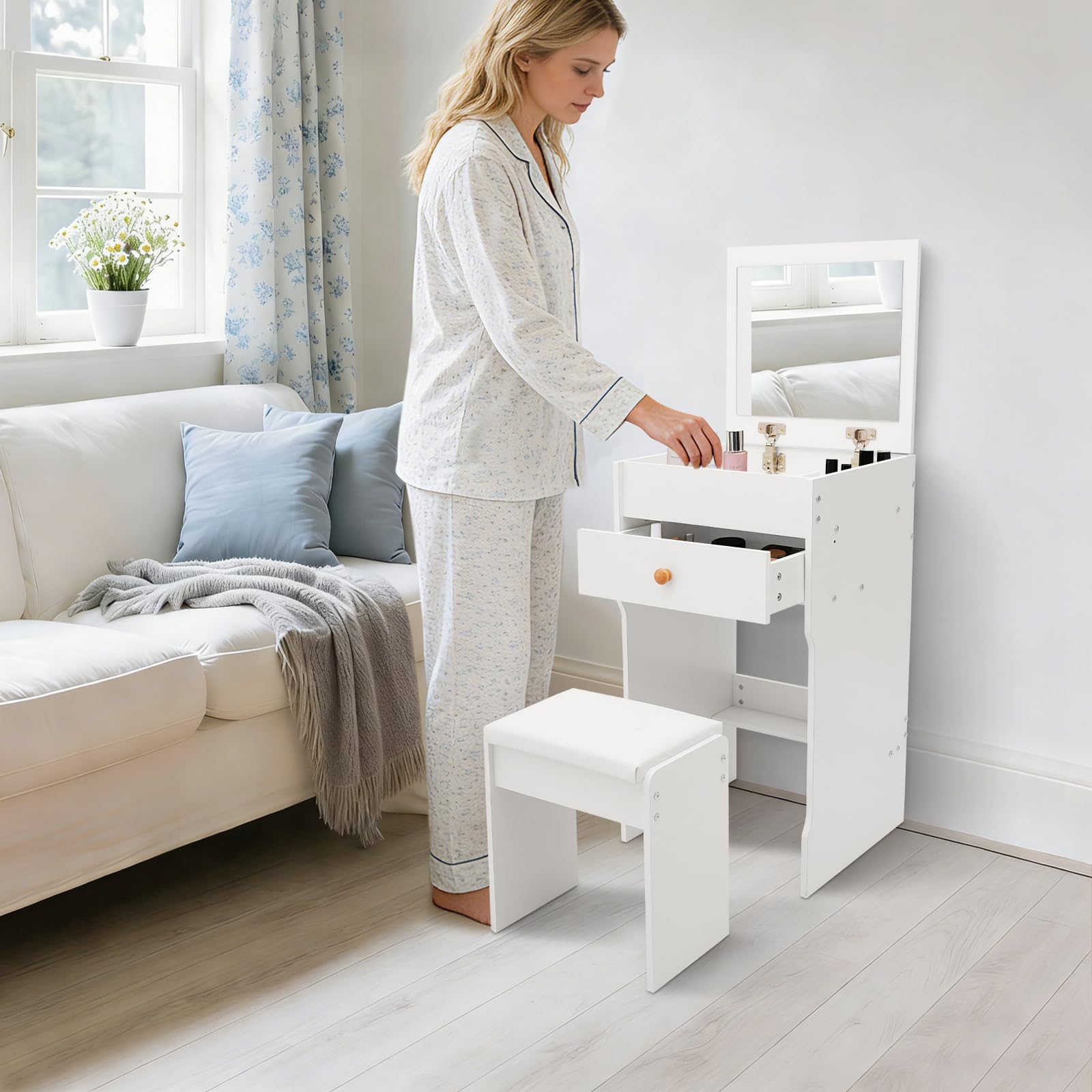 3 in 1 Schminktisch mit Hocker, Frisiertisch mit Klappspiegel und Schubladen, Langlebig, Schminktisch Schmal, Beistelltisch Kompakte Schminkkommode Set für kleine Räume (Weiß)