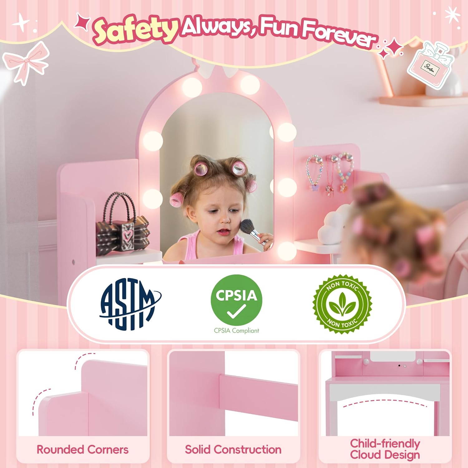 MU Kids Vanity with Lights, Princess Makeup Vanity Table and Chair Set for Girls, Toddler Vanity Desk with Open Bookshelf, Storage Cabinet & Shelves, Stools, Pink