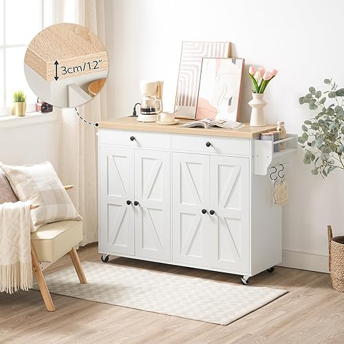 Miniatura 7 de Isla de cocina de 43.3 pulgadas con estación de carga, isla de cocina rodante con almacenamiento, carrito de isla de cocina con estante de especias