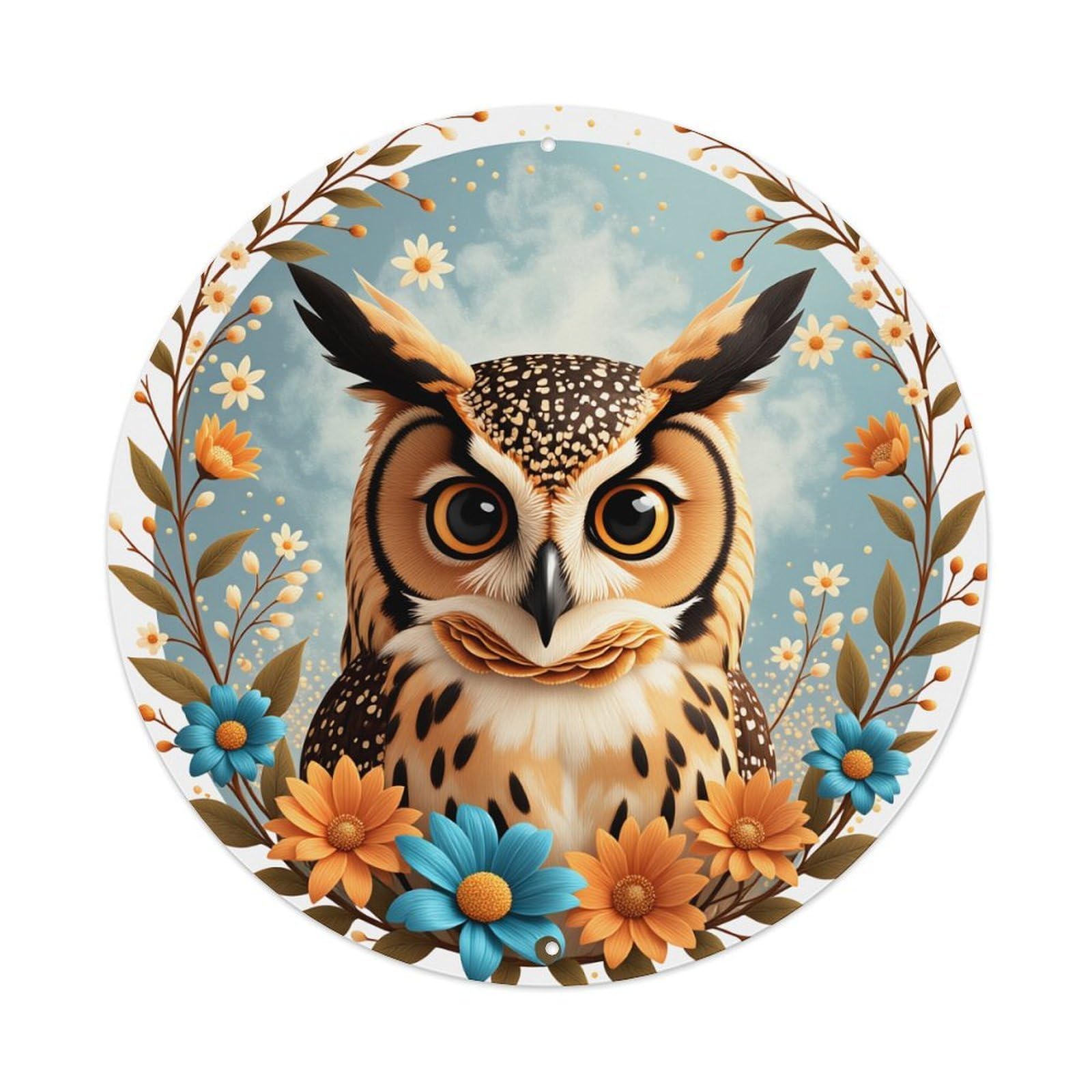 Owl Floral Wreath Sky Background Round Tin Sign Vintage Metal Poster, Home Bar Garage Man Cave Cafe Indoor & Outdoor Wall Decoration 8x8Inches