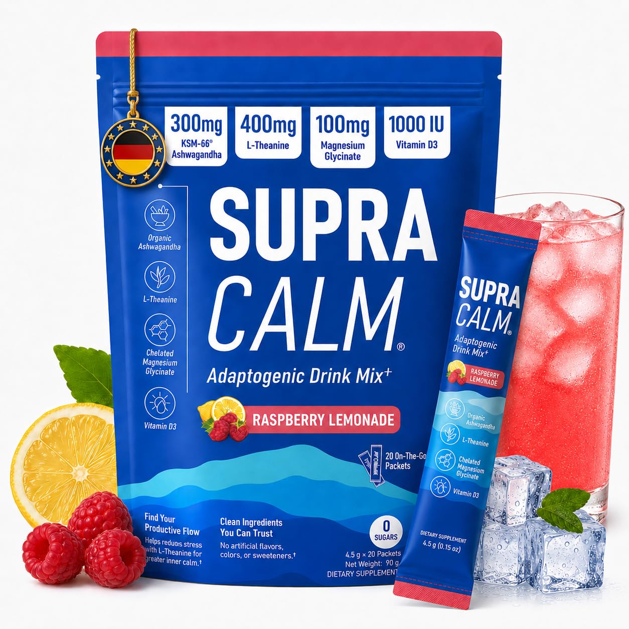 Jello Cortisol Senken Pulver, 20 Stücks Cortisol Cocktail Pulver zum Abnehmen mit Ashwagandha, Magnesiumglycinat, Vitamin D3 & L-Theanin, Schlaf & Entspannung und Fokus – Himbeer Zitrone
