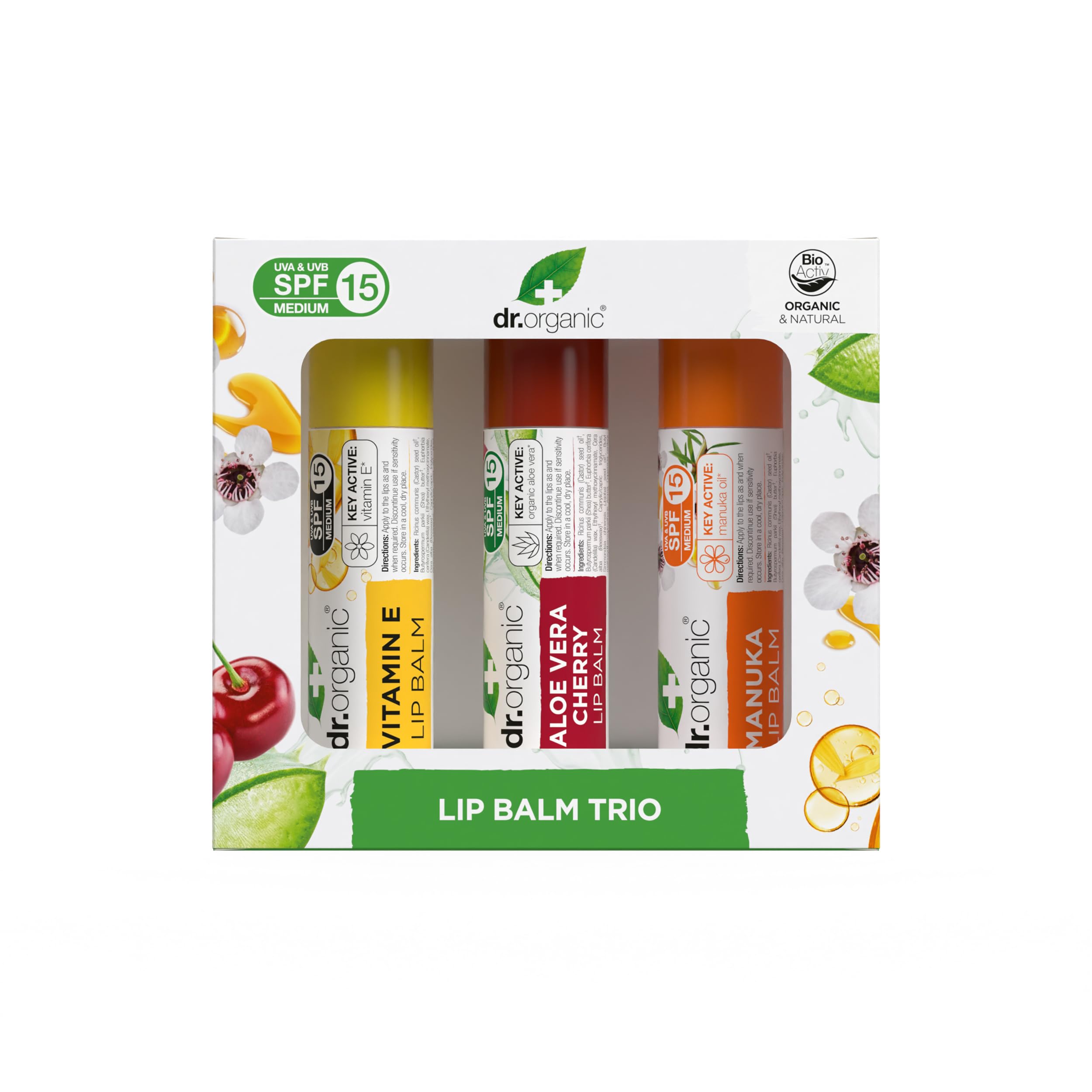 Dr Organic - Assorted Lip Balm Trio - SPF 15 Protection - Vitamin E, Aloe Vera Cherry & Manuka - Vegetarian, Cruelty, Paraben & SLS Free - 5.7ml - 3 Pack