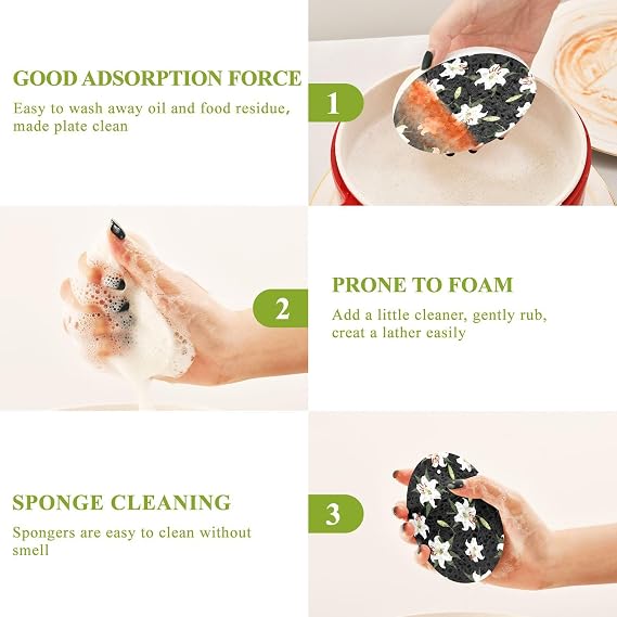 White Lilies on Black Dish Scrub Sponges Kitchen Non Scratch Reusable Compressed Cellulose Sponge Hanging for Household Cleaning Washing Dishes Pots and Pans 3 Pack