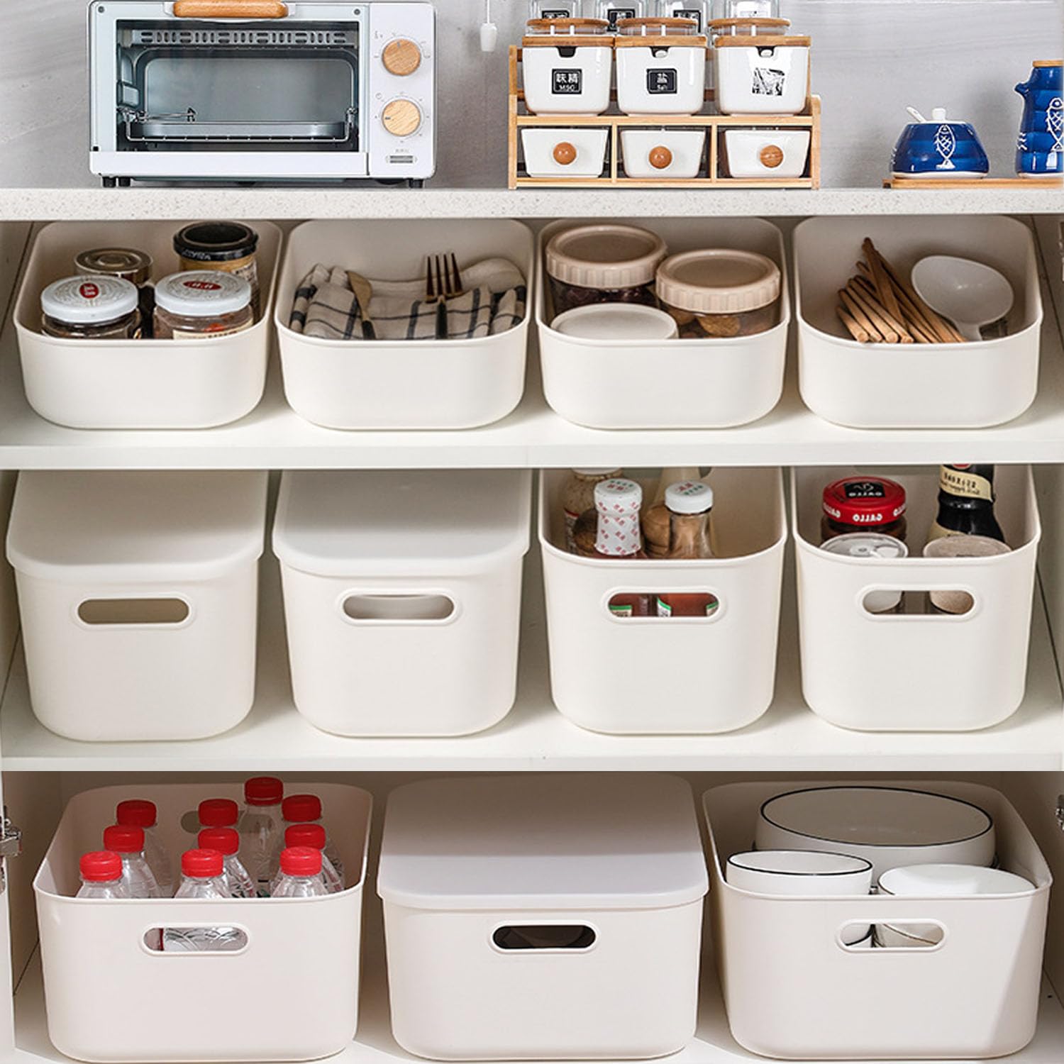 Boîte de rangement avec couvercle, 6 pièces boîtes en plastique avec poignée, paniers de rangement polyvalents, boîtes de rangement pour cuisine, salle de bain, bureau étagère (6 pièces : 2S
