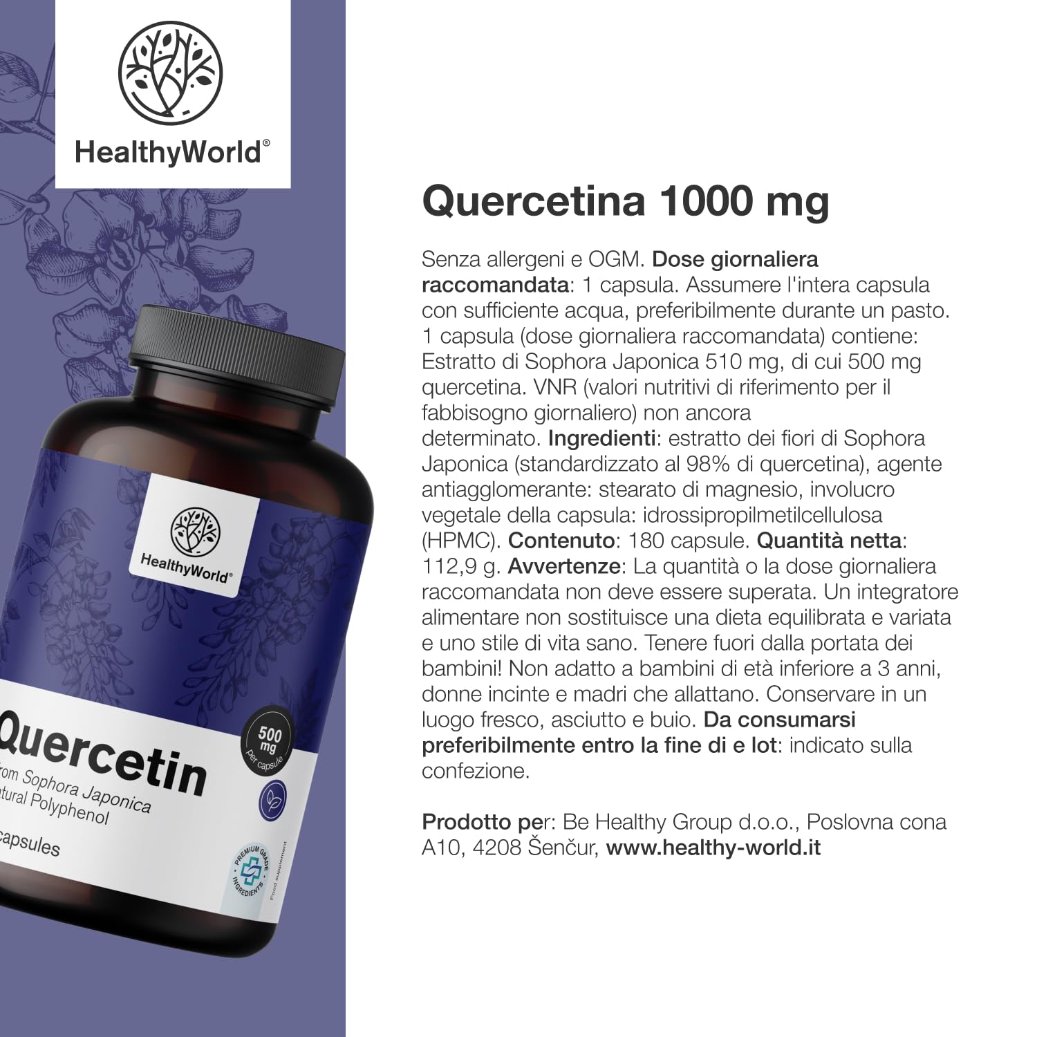 HealthyWorld Quercetina 1000 mg – 180 Capsule Vegetali – Dall'estratto dei fiori di sophora del Giappone – Alto Contenuto di 1000 mg per Capsula – Senza OGM e allergeni – Scorta per 3 mesi