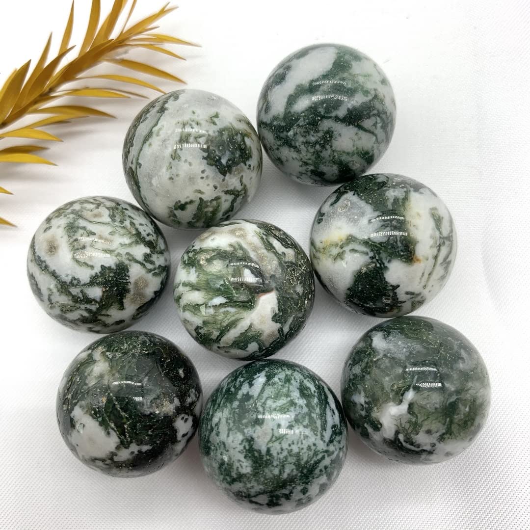 HXSCOO Natural Moss Agate Quartz Sphere Ball Stones Crystal Reiki Healing Meditation Polished Decor Stones Healing (Size : 2pcs)