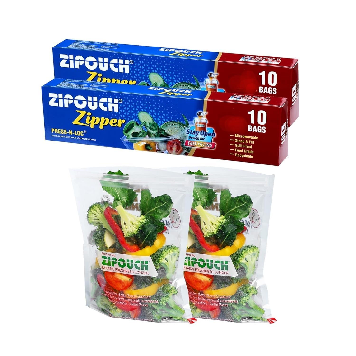 Zip Lock Bag with Zipper | Pack of 2 (20 Bags)| Ziplock Bag for Fridge Storage & Travel Packing | Microwave & Freezer Safe Zip Lock Covers & Zipper Pouch for Food Storage & Kitchen|Medium(29X26 cm)