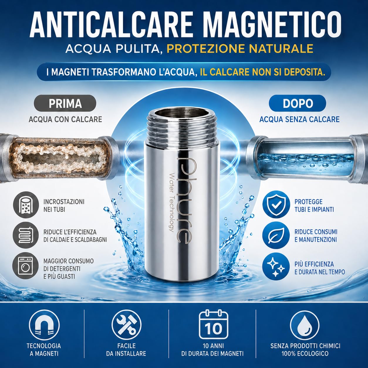 Phure Neokal Anti-Kalk-Gerät für Waschmaschine mit Sedimentfilter Kalkfilter für Waschmaschine und Spülmaschine, Universal 3/4 Zoll, kompatibel mit allen Marken
