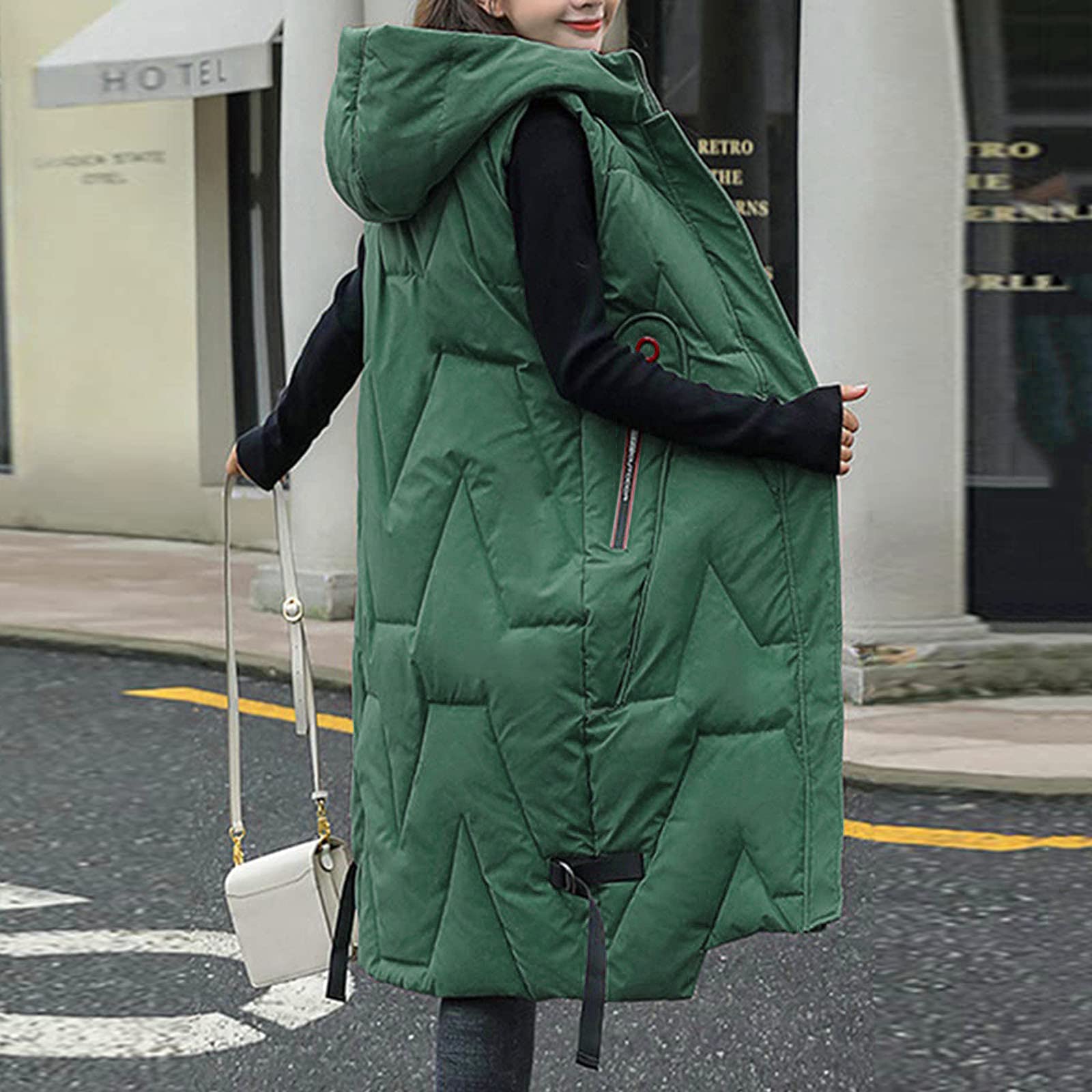 IQYU Giubbotto lungo da donna trapuntato leggero con cappuccio, gilet lungo sottile in piumino, giacca invernale trapuntata, senza maniche, con cappuccio, portatile, antivento, gilet in piumino, M XXL
