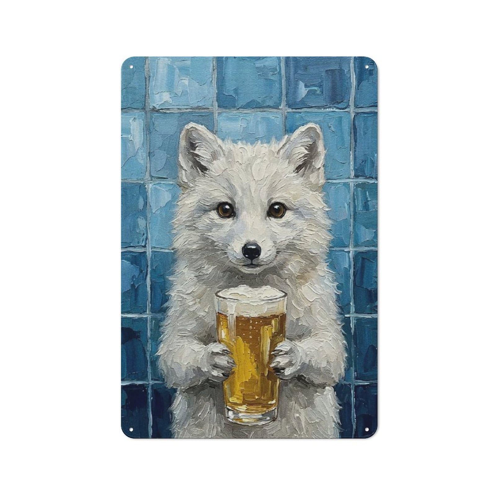 Junmoney Style-22 Tin Wall Plaque 30X20cm With Arctic Fox With Beer Painting For Workshop Wall, Housewarming Wall Decor For People Furnishing Workshop