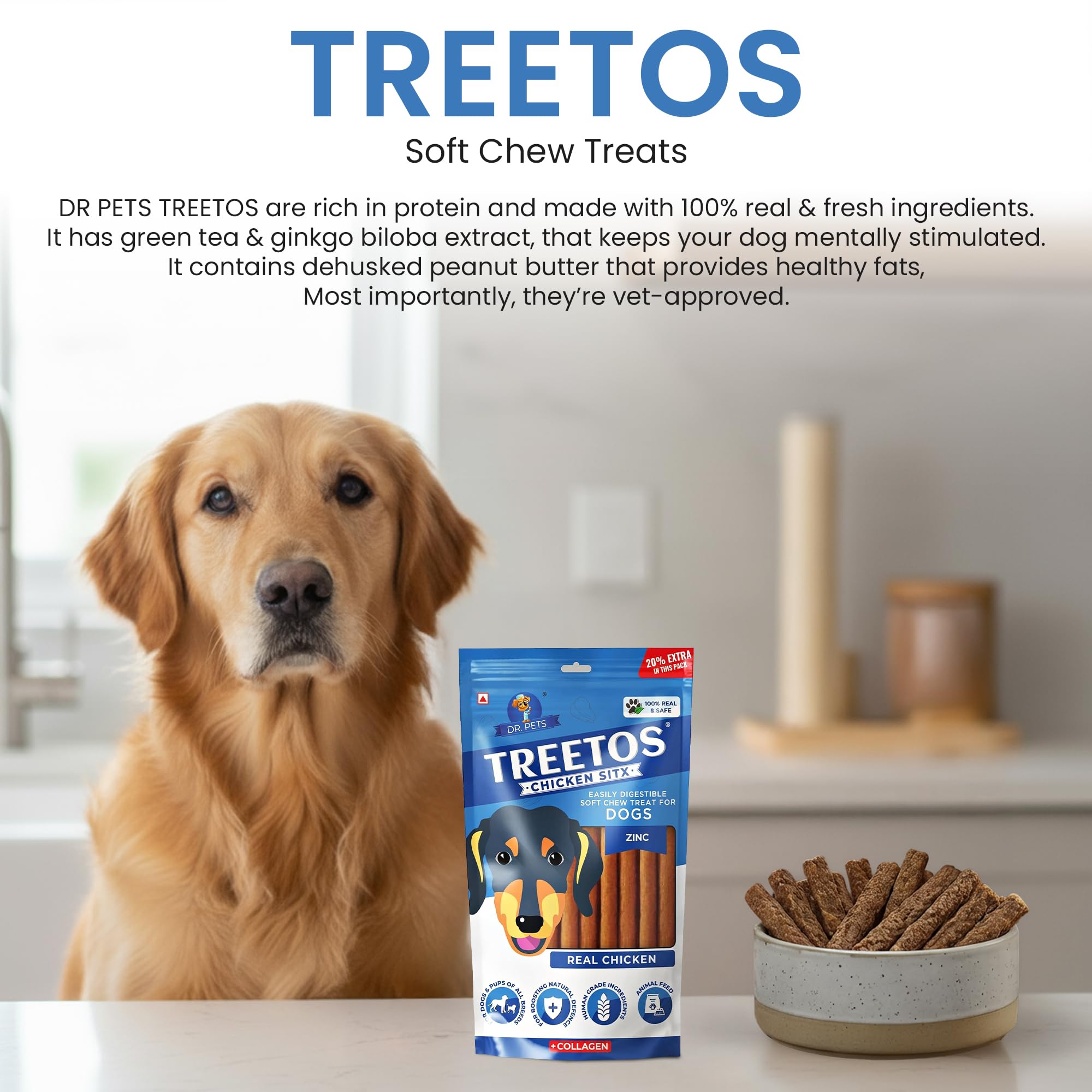 Dr. Pets Pack of 10 (85g Each) Treetos Real Chicken Dog Treats Soft Chew Sticks | Zinc & Collagen Enriched Dog Snacks | Easy to Digest Training Treats | Skin & Coat Support 2