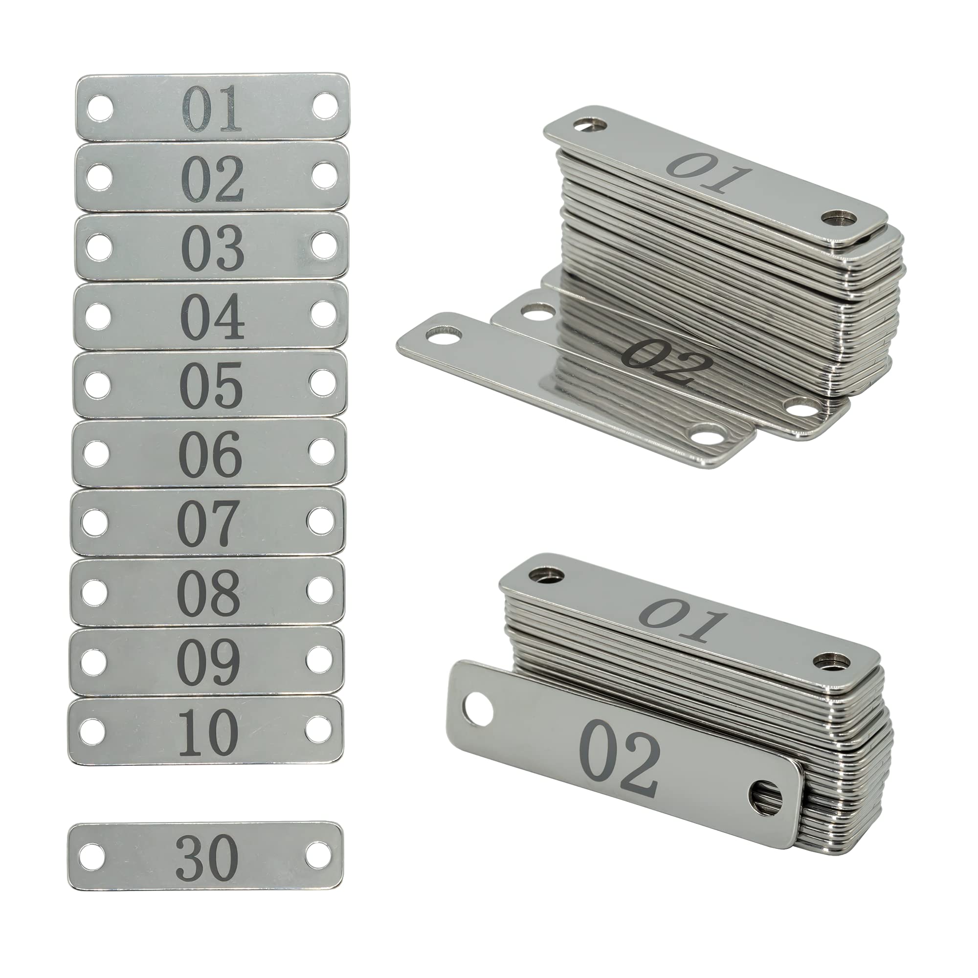 Small Stainless Steel Rectangle Numbered Tags with Two Holes 4cm*1cm (1-30), Silver