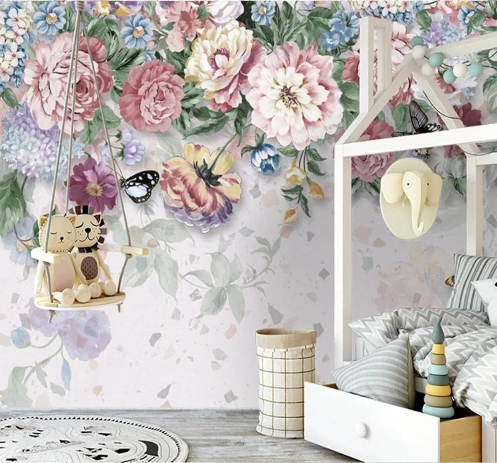 XLMING Beautiful Hand Drawn Elegant Peony Flowers Butterflies 3D Wallpaper Silky Texture Home Study Office Grey Dining Room Sofa Bedroom Living Room TV Backdrop-430cm×300cm