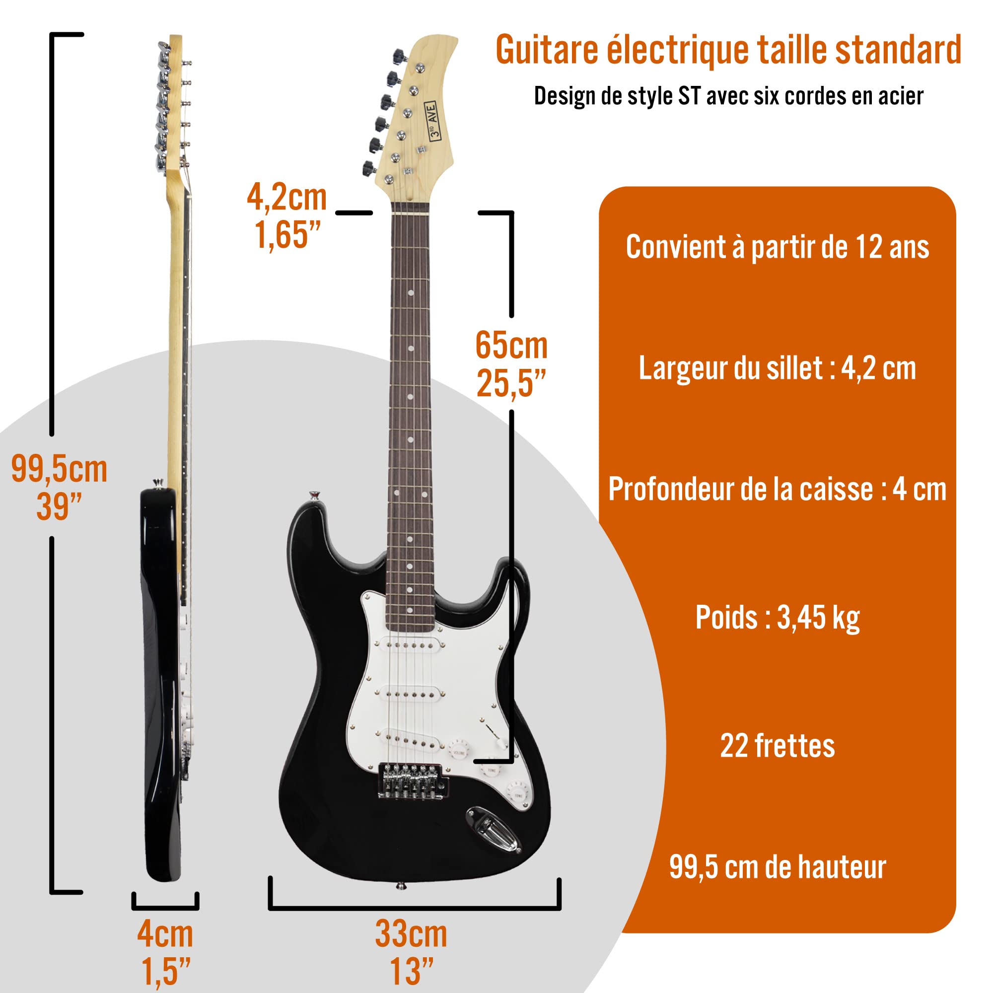 3rd Avenue XF Pack guitare électrique 4/4 taille standard avec ampli 10 W, jack, stand, housse de transport, sangle, jeu de cordes de rechange, médiators et capodastre – Noir