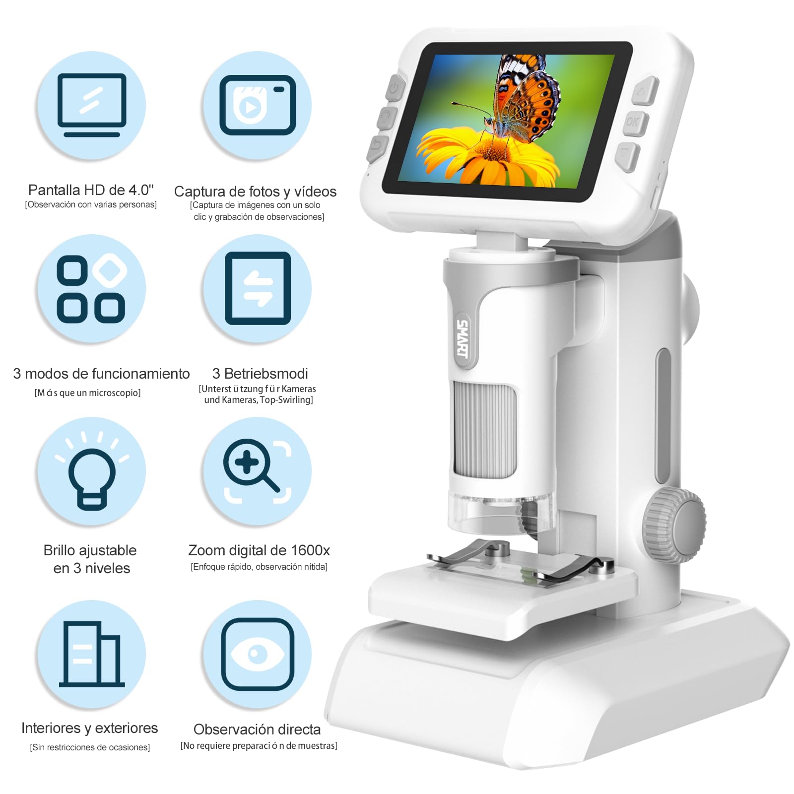 PYRDOUM Microscopio para Niños Aumento 1600X, 4" LCD Microscopio Portátil Niños, Microscopios Digital Infantil con Tarjeta de Memoria de 32G, Fotos y Videos, Función Portátil y Fija