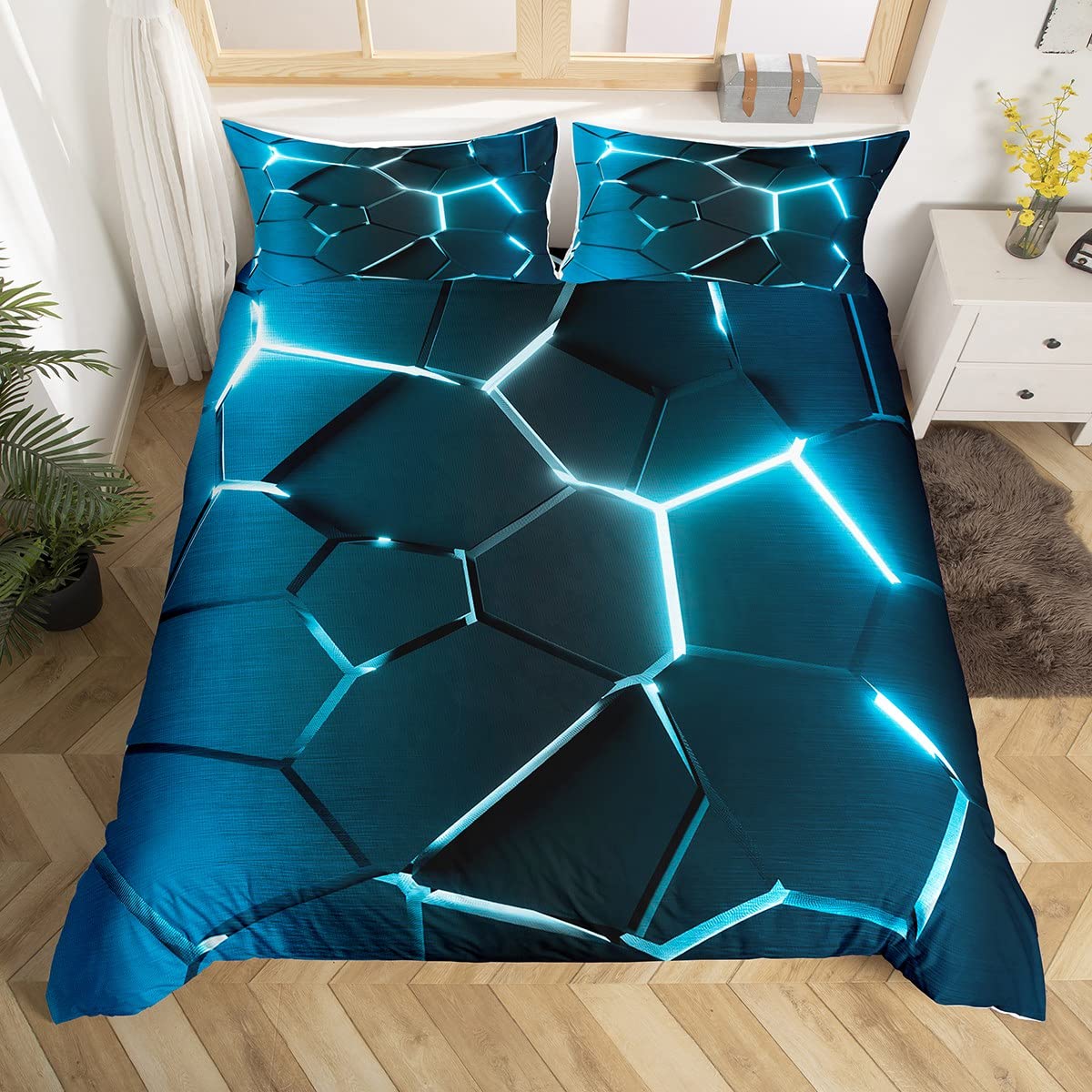 Honeycomb Bedding Set Hexagonal Ombre Blue Comforter Cover for Kids Boys Girls Geometrical Duvet Cover Breathable Beehive Modern Geometric Bedspread Cover Simplistic Room Decor Single